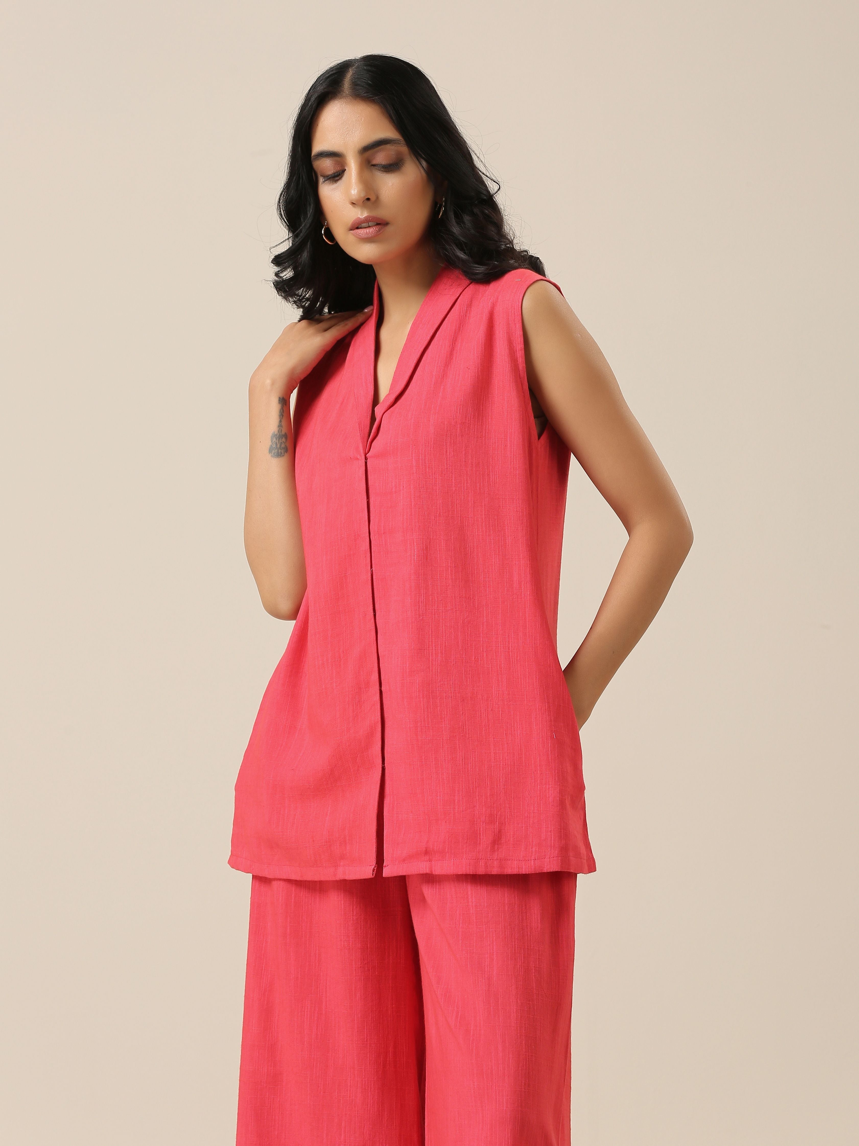 trueBrowns Bright Pink Slub Texture Sleevesless Jacket Pant Set