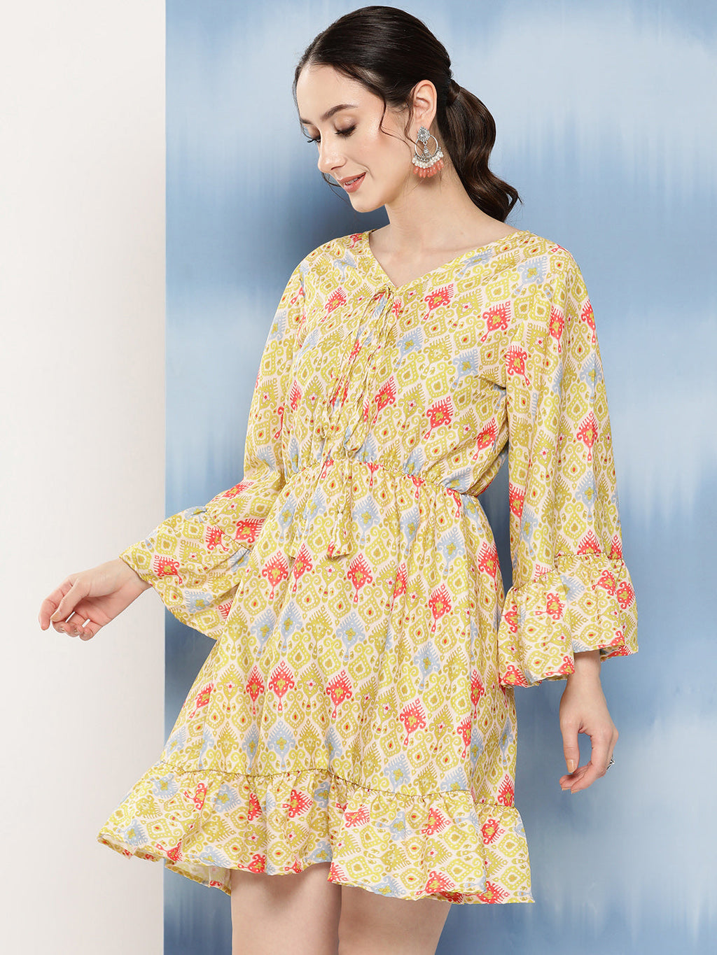 InWeave Women's Yellow Orange Ikkat Print Short Dress
