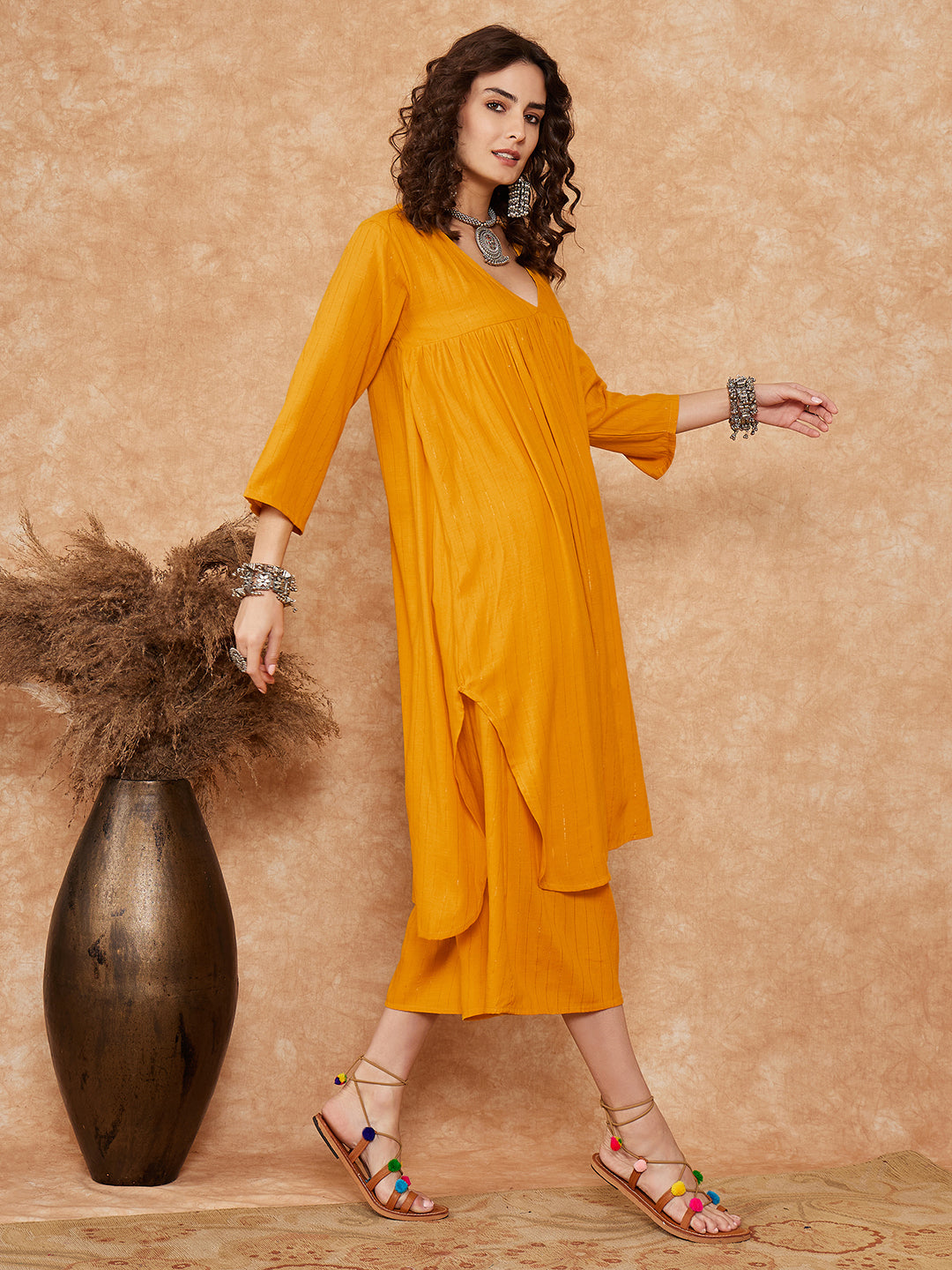 InWeave Women's Mustard Lurex Flared V Neck Kurta Palazzo Set