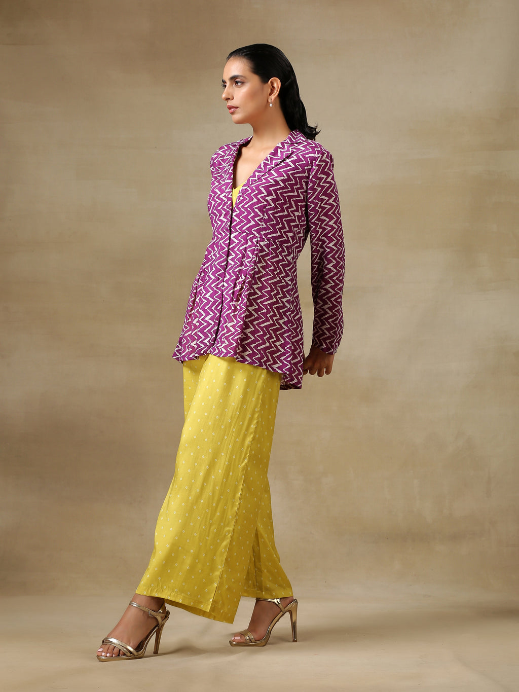 trueBrowns Lime Green Bandhani Printed Silk Top Pant with Purple Printed Jacket Set