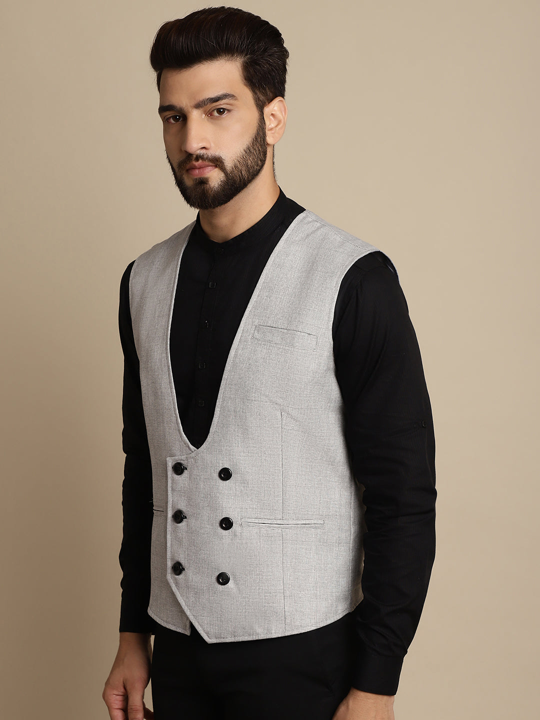 Even Apparels Men's Grey Double Breast Waistcoat