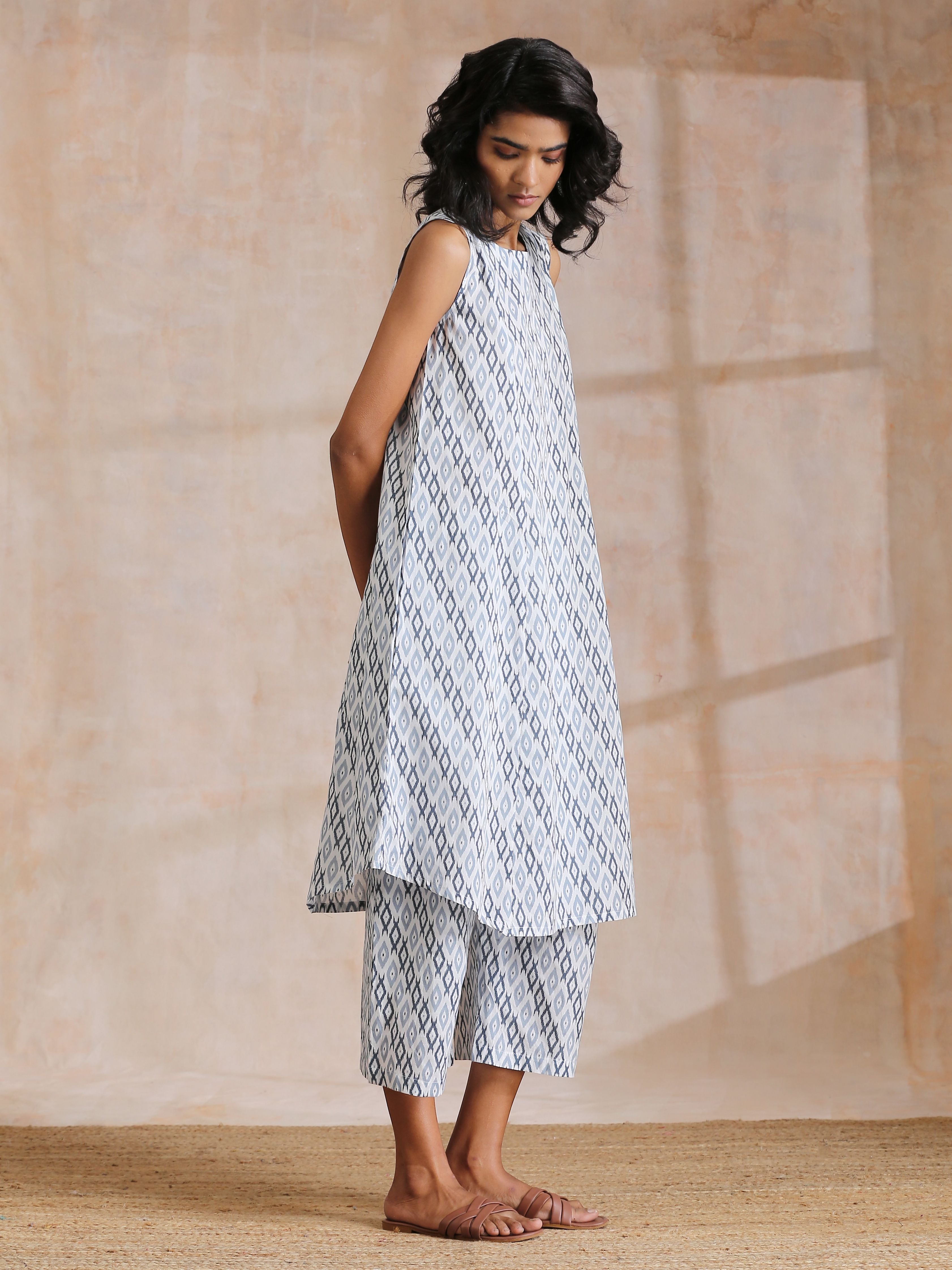 trueBrowns Multi Grey On Grey Ikat Print Cotton High-Low Co-Ord Set