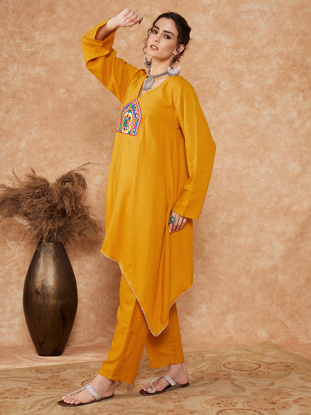 InWeave Women's Mustard Trangle Yellow Patch Work Assymentrical Kurta Set