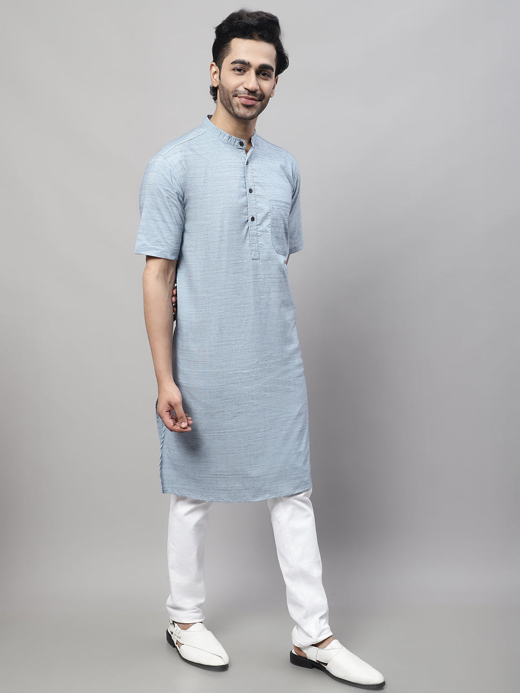 Even Apparels Blue Pure Cotton Kurta With Band Collar