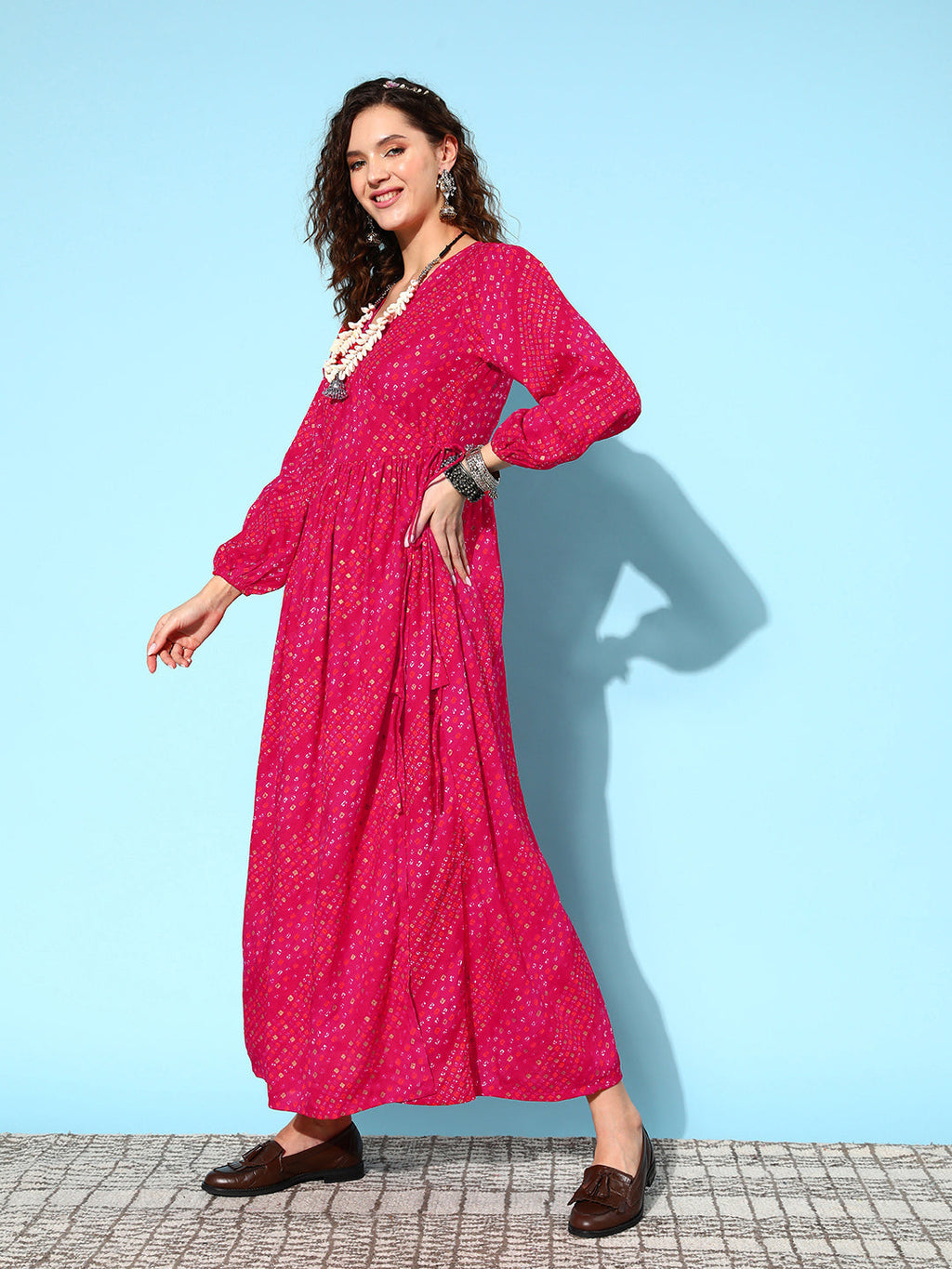 InWeave Women's Maroon Ethnic Print Wrapped Long Dress