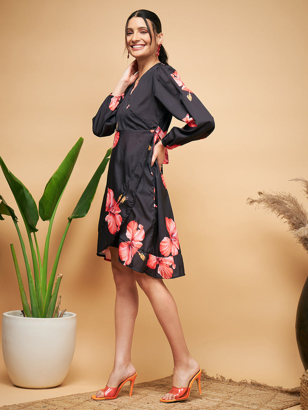InWeave Women's Black Red Big Flower Belted Dress