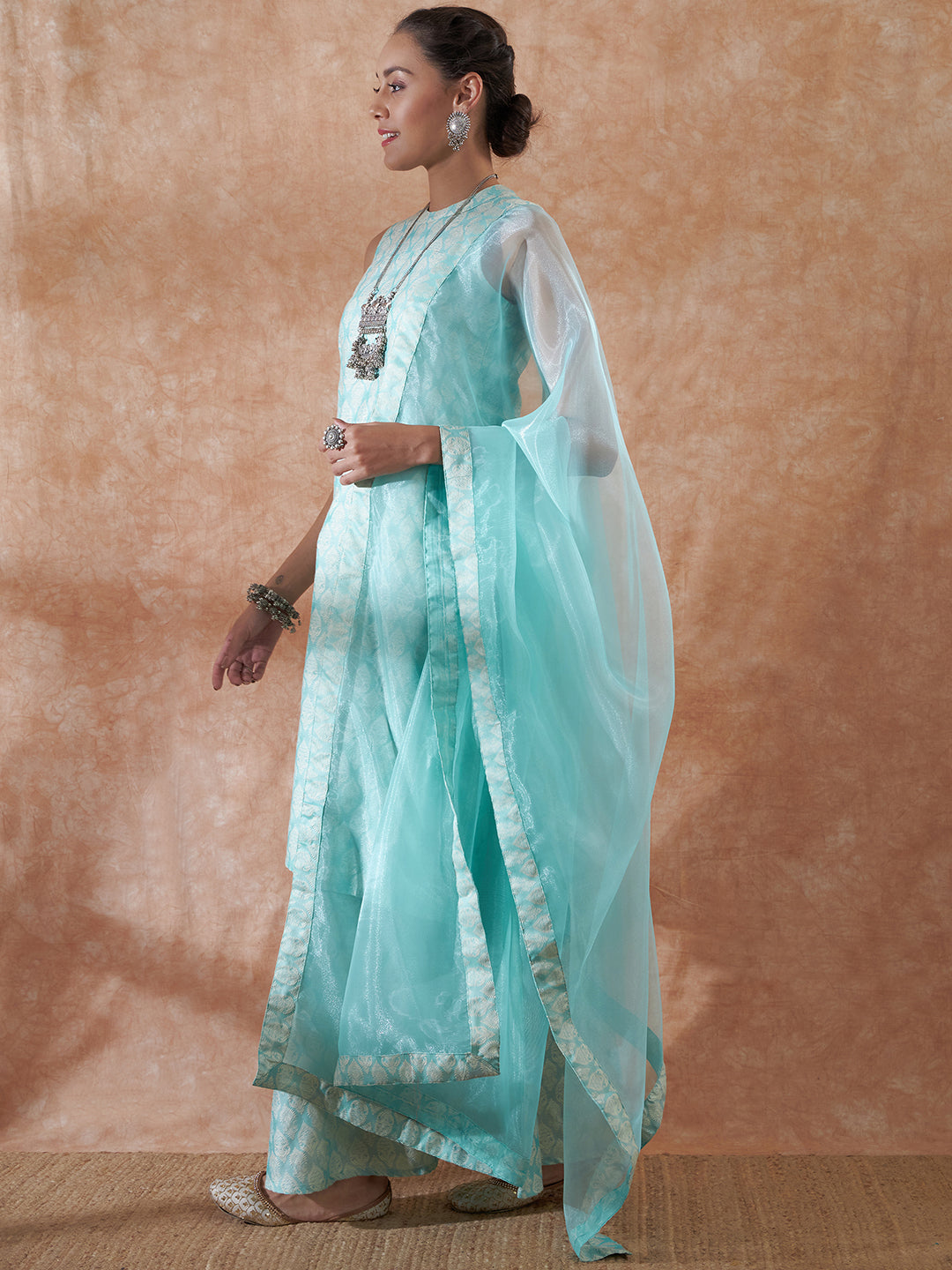 InWeave Women's Powder Blue Jacquard Halter Kurta Set W Powder Blue Or Dupatta