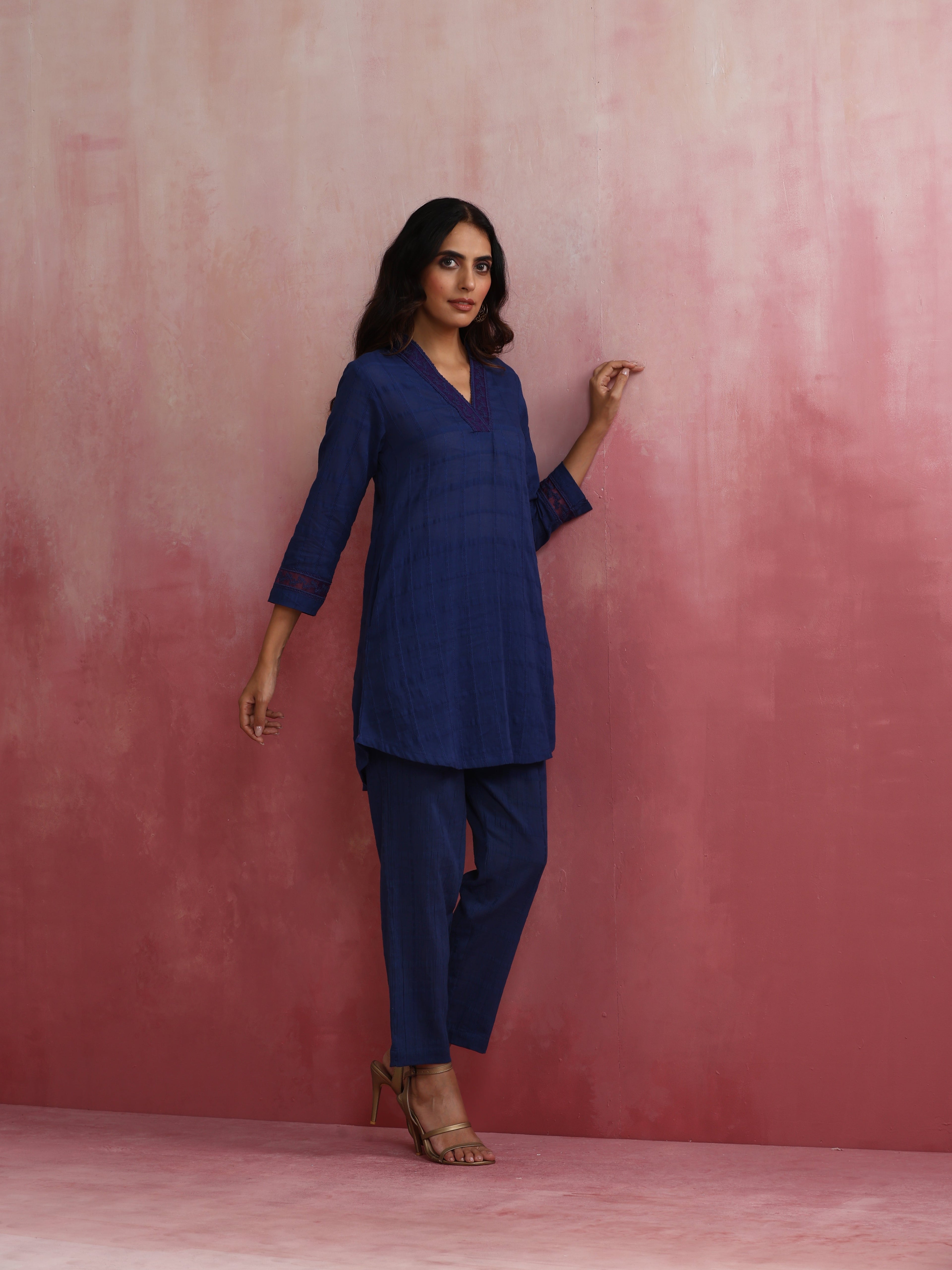 trueBrowns Dark Blue Cotton Dobby Kurta Co-ord set