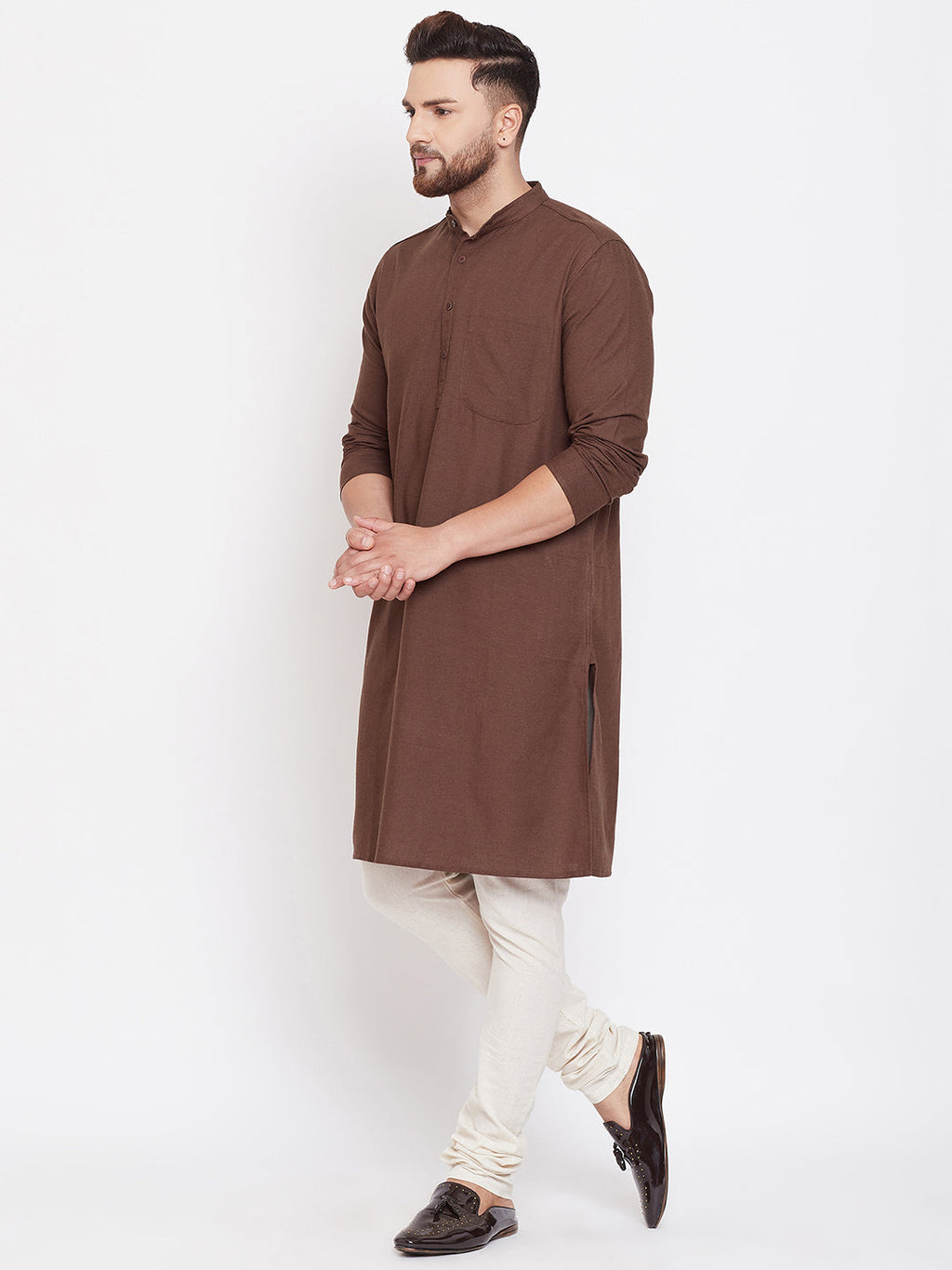 Even Apparels Brown Solid Kurta With Band Collar