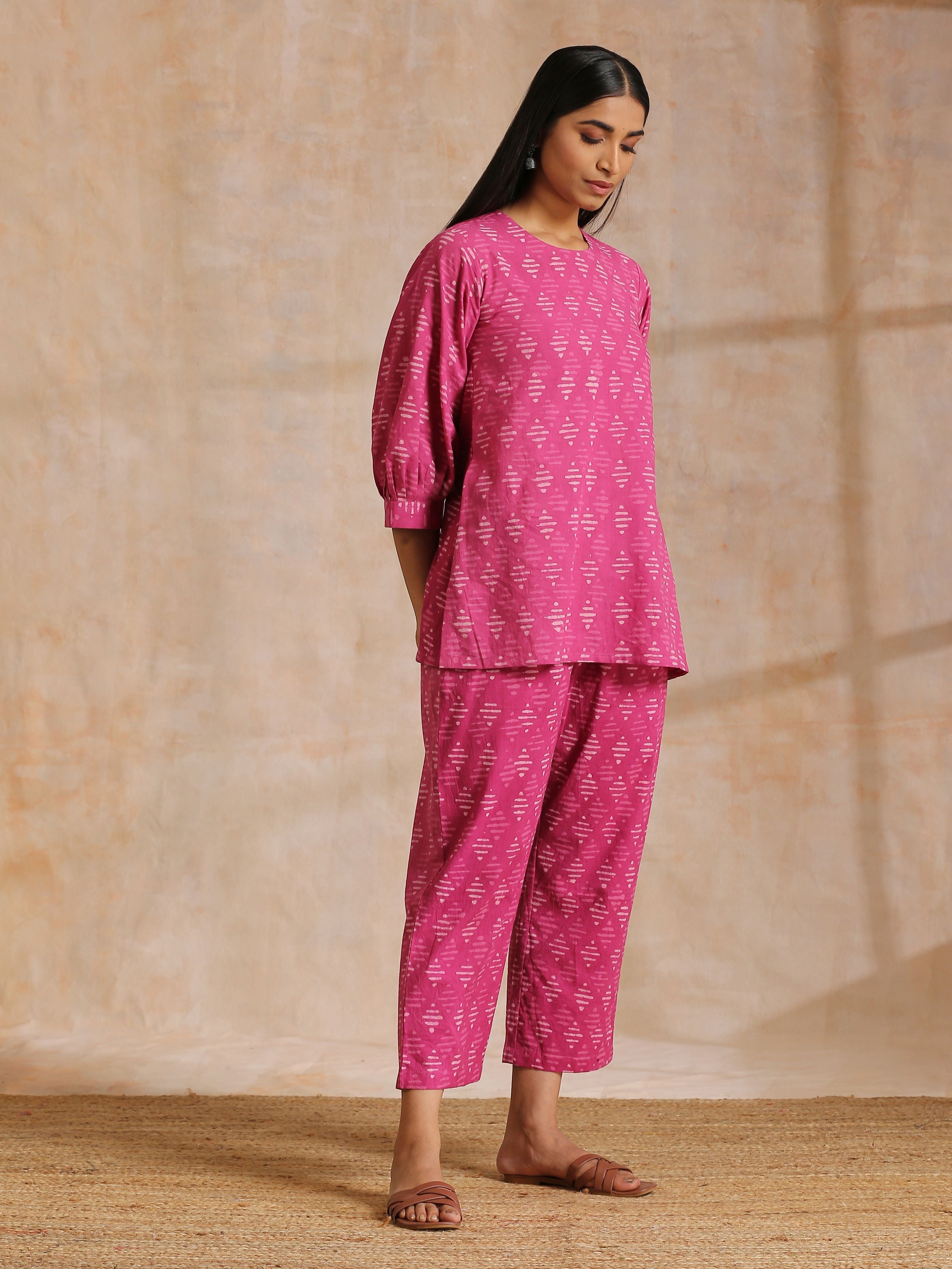 trueBrowns Pink Dabu Print Cotton Baggy Sleeve Co-Ord Set