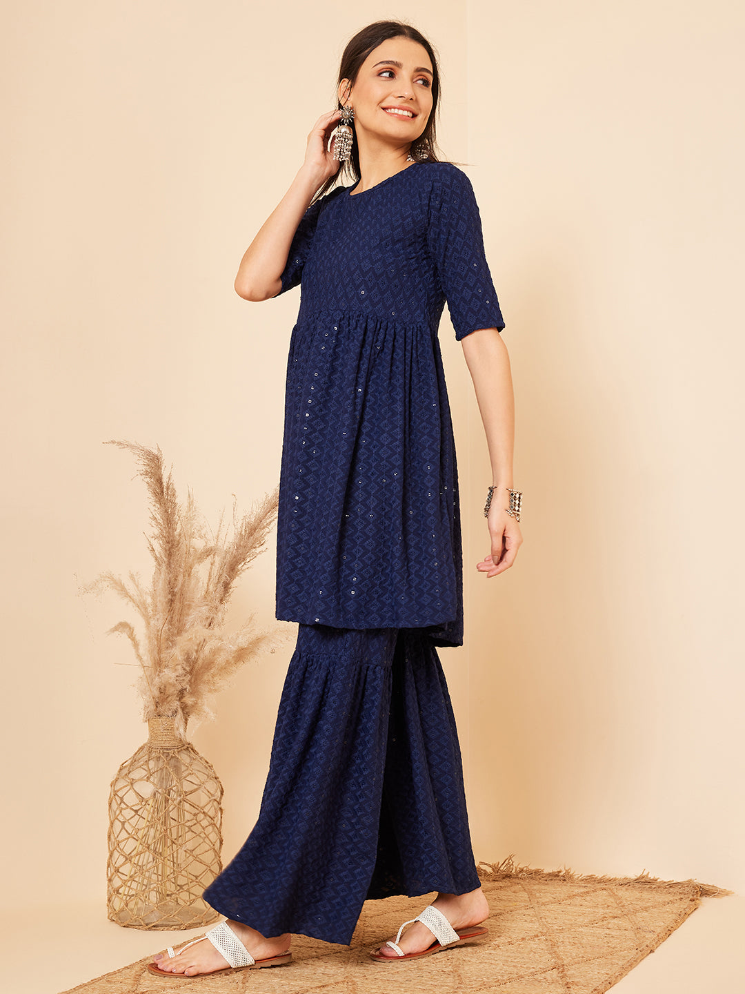 InWeave Women's Royal Blue Chikankari Kurta Set With Sharara