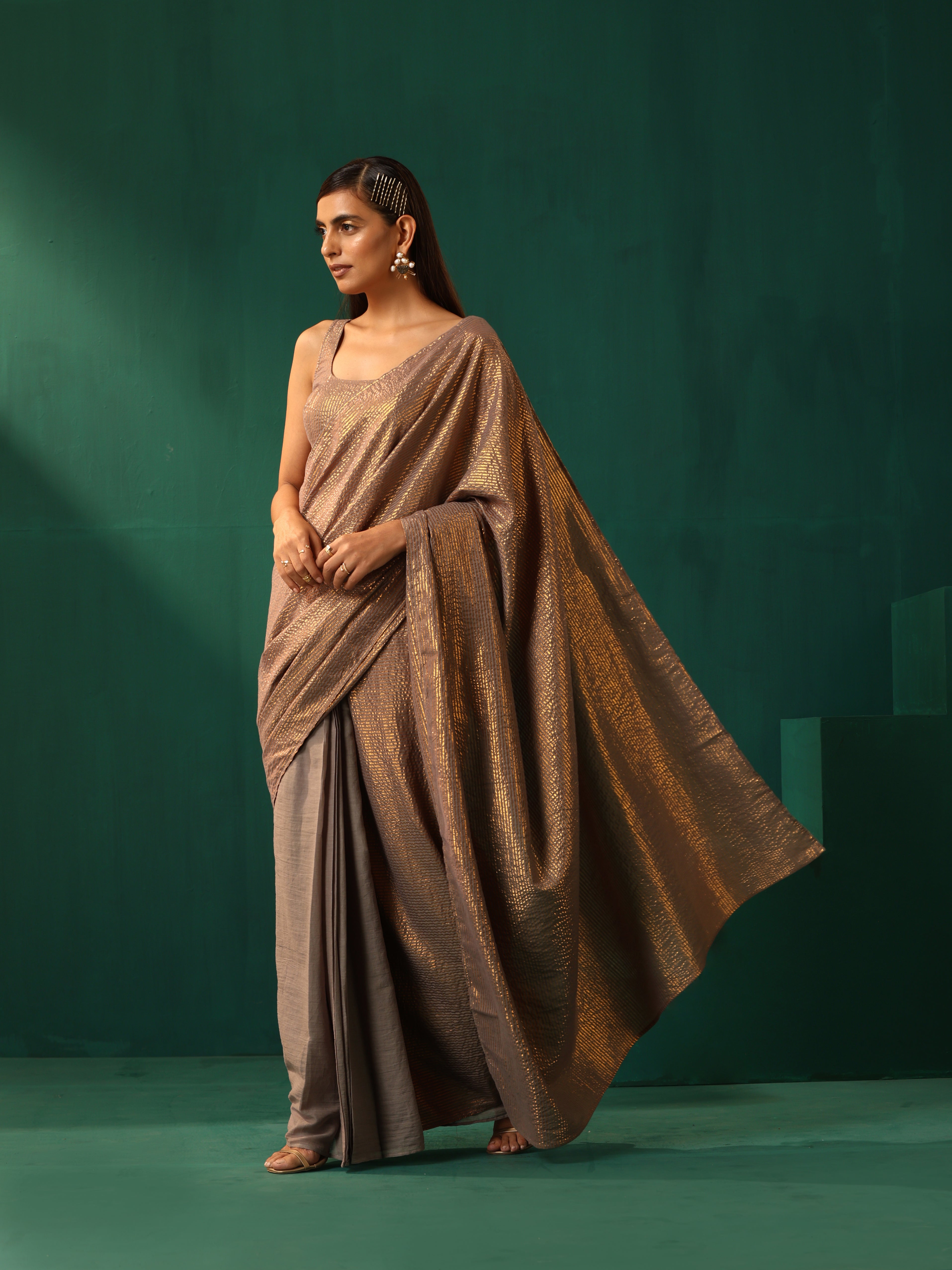 trueBrowns Grey Cotton Gold Lurex Striped Ready to Wear Saree