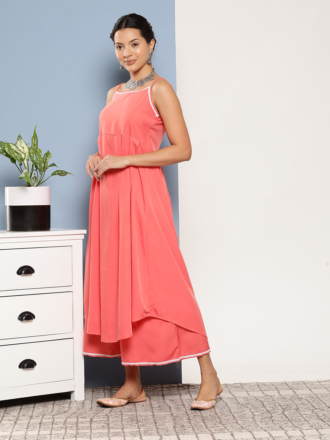 InWeave Women's Peach Cr Strappy Set With Peach Yellow Floral Cape