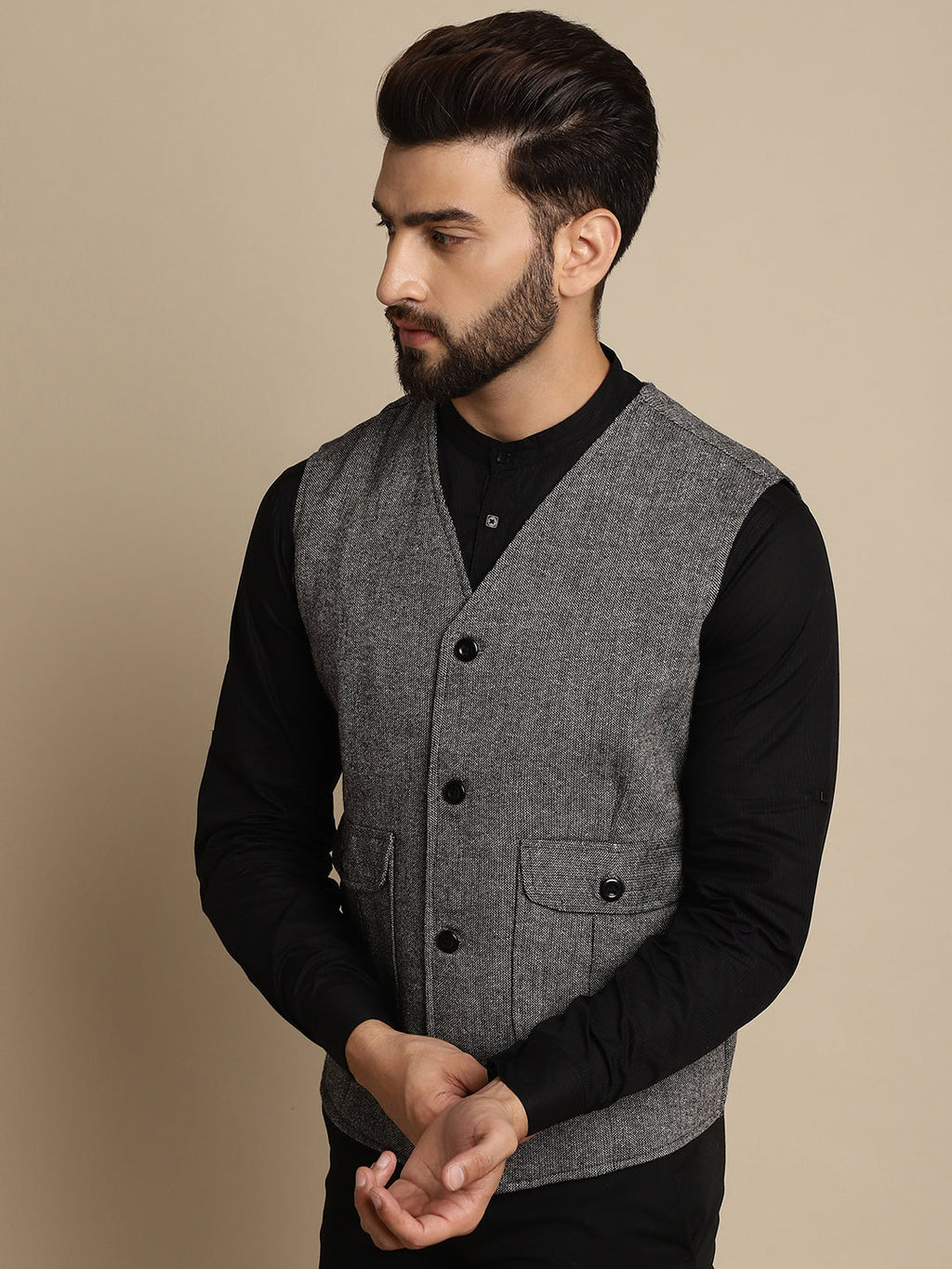 Even Apparels Men's Black Woolen Waistcoat With Patch Pocket