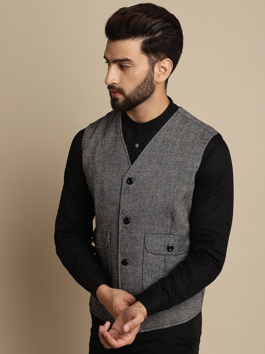 Even Apparels Men's Black Woolen Waistcoat With Patch Pocket