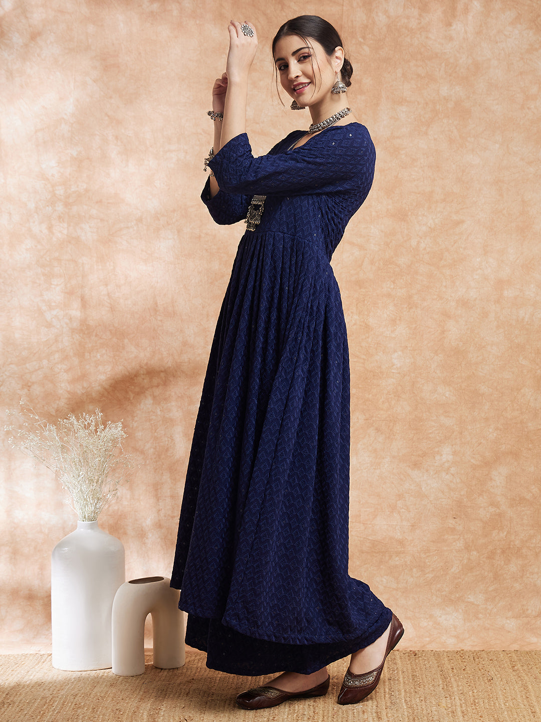 InWeave Women's Royal Blue Chikankari Long Anarkali Kurta Sharara Set