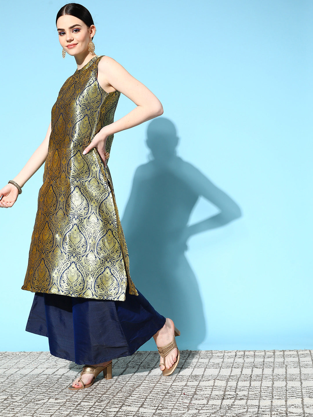 InWeave Women's Blue Banarasi Halter Kurta Set