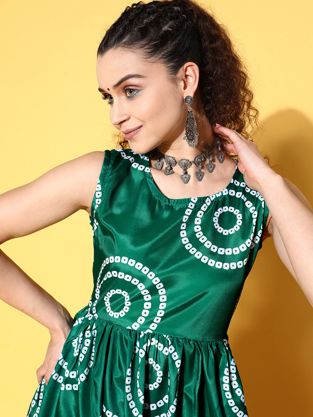 InWeave Women's Green Bandhani Motif Tiered Sharara Set