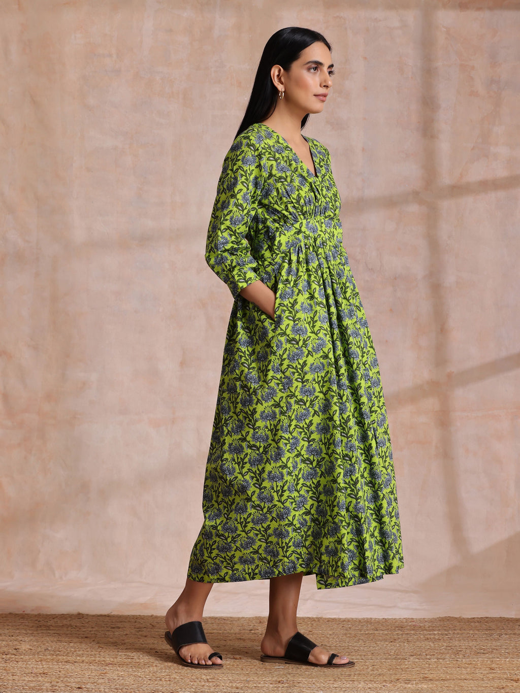trueBrowns Lime Green Overall Blue Floral Block Print Cotton Wrap Dress