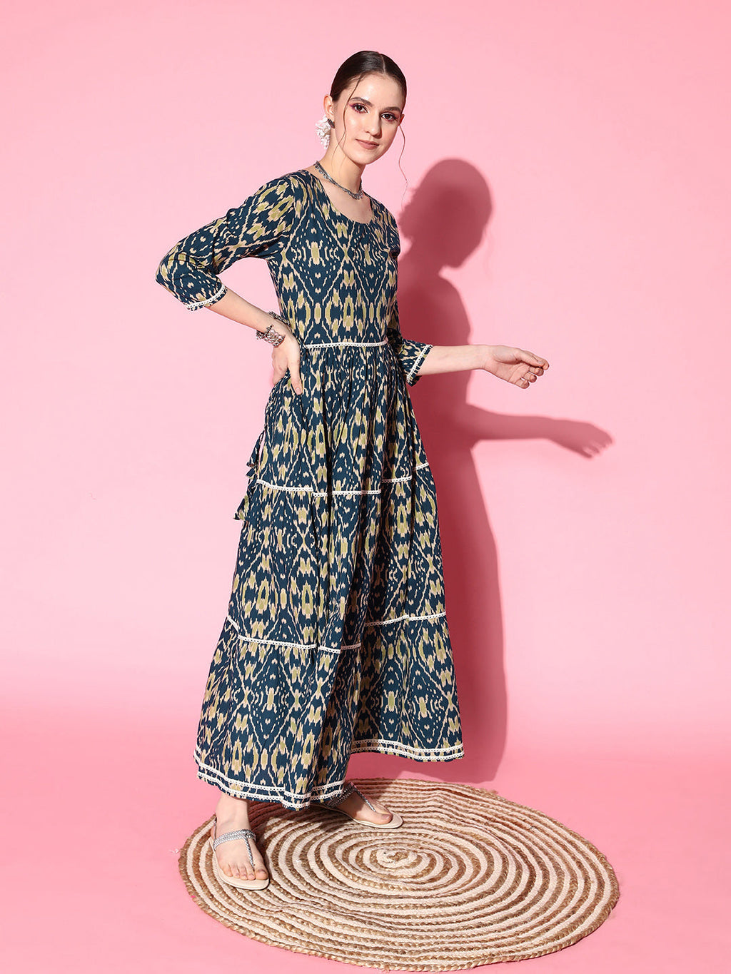 InWeave Women's Blue Ikkat Print Tiered Dress With Lace