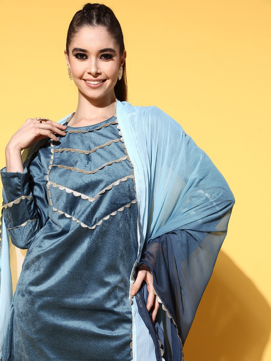 Ahalyaa Women Gotta Patti Velvet Kurta with Palazzos & With Dupatta