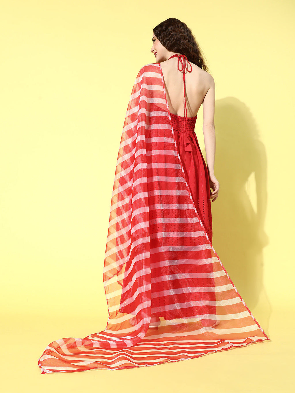 InWeave Women's Red Lace Work Backless Kurta Sharara Set With Lehariya Dupatta