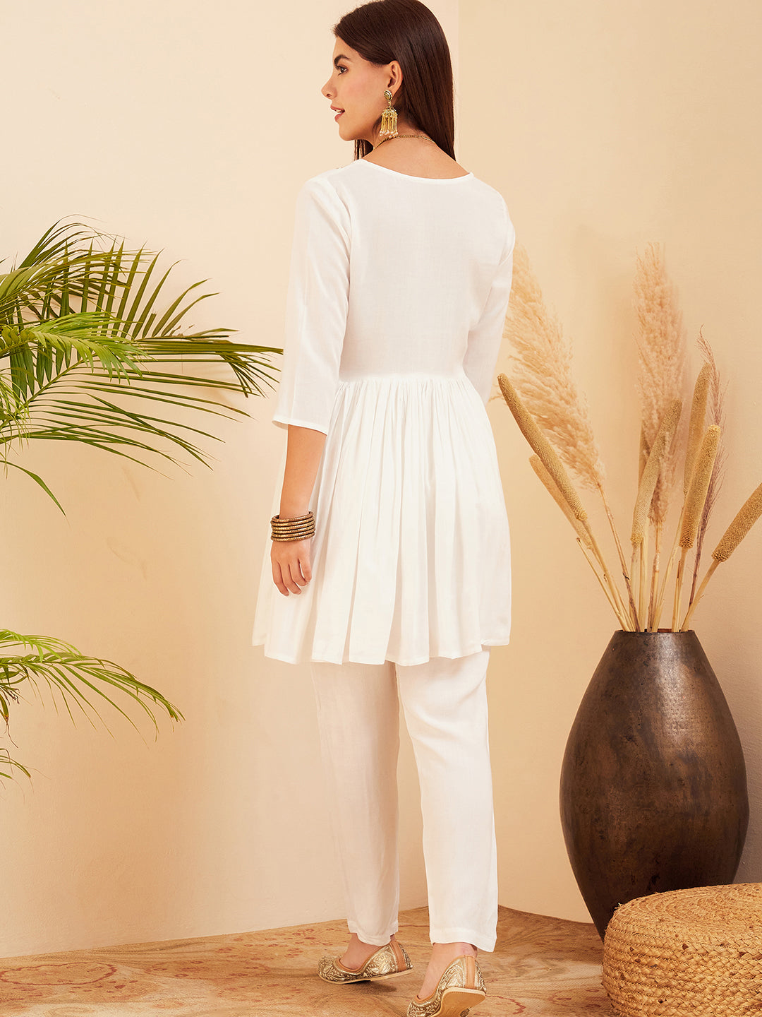 InWeave Women's White Round Neck Square Gota Work Kurta Pant Set