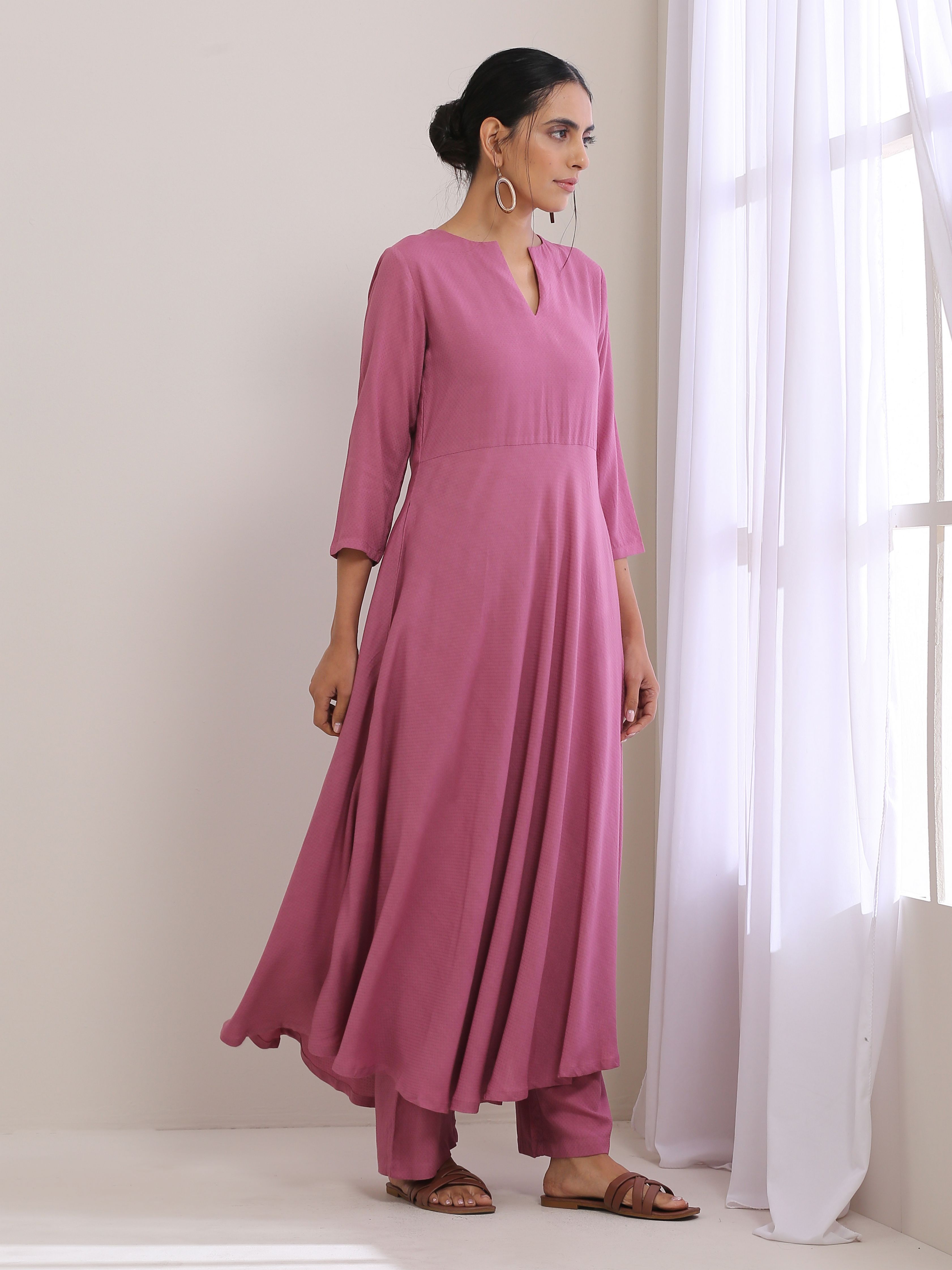 trueBrowns Onion Pink Dobby Anarkali Pant Set