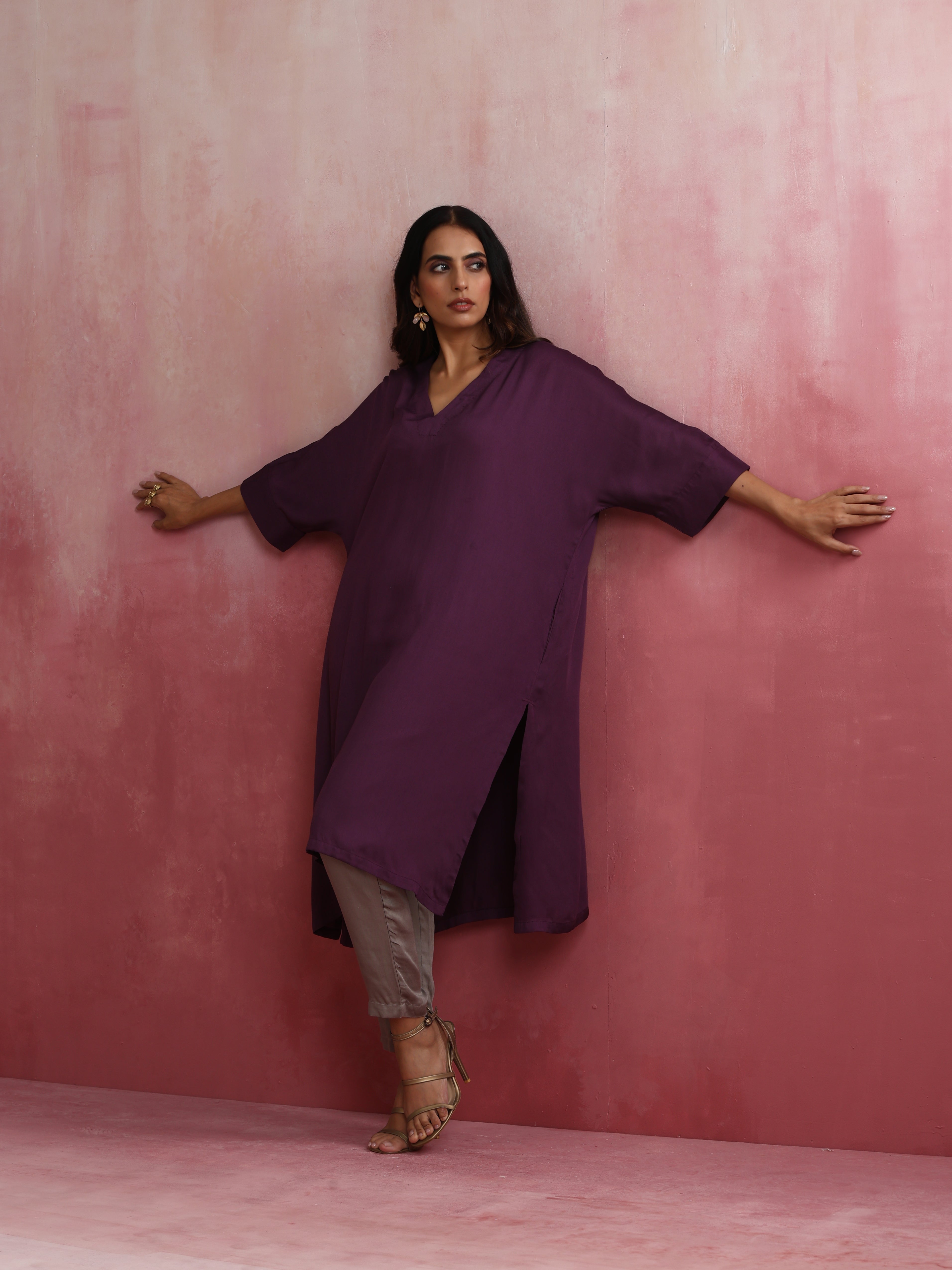 trueBrowns Purple Modal Kimono Kurta Set