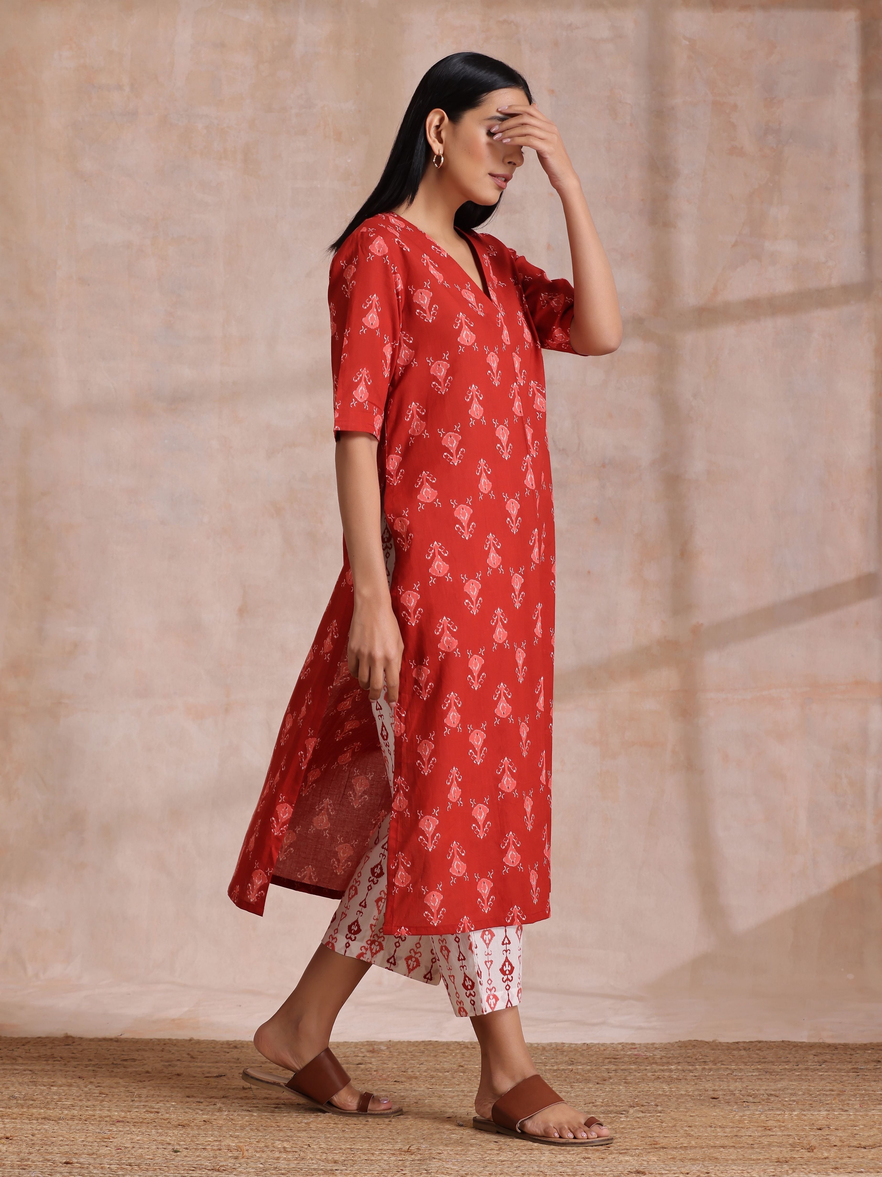 trueBrowns Red On Red Ikat Print Cotton Kurta Pant Set