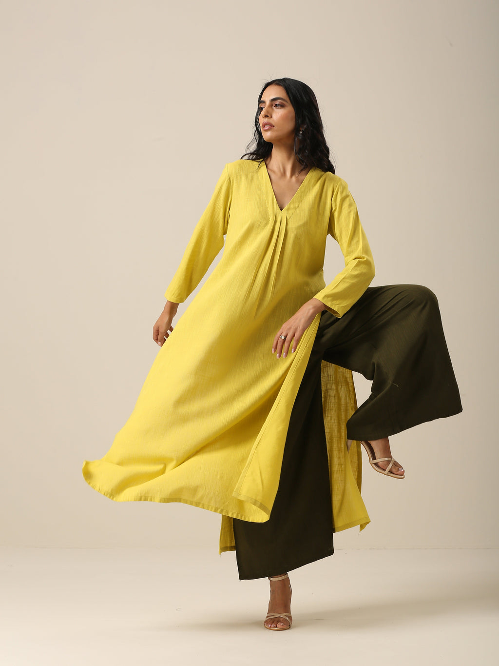 trueBrowns Lime Slub Texture Slit Kurta Palazzo Set