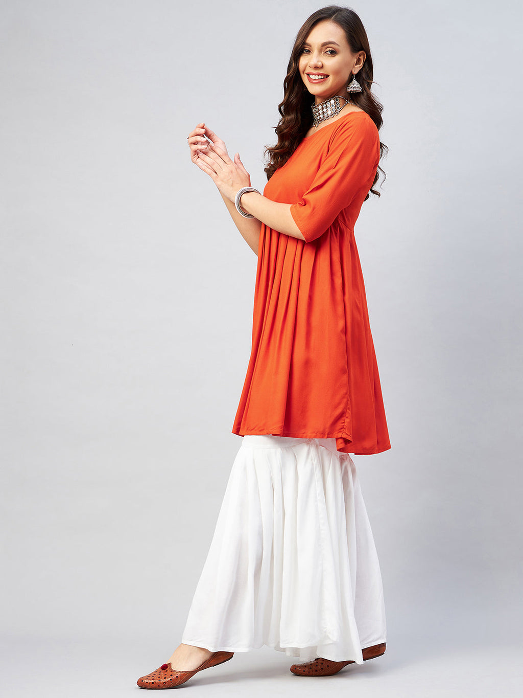 InWeave Women's Orange Short Anarkali Kurta