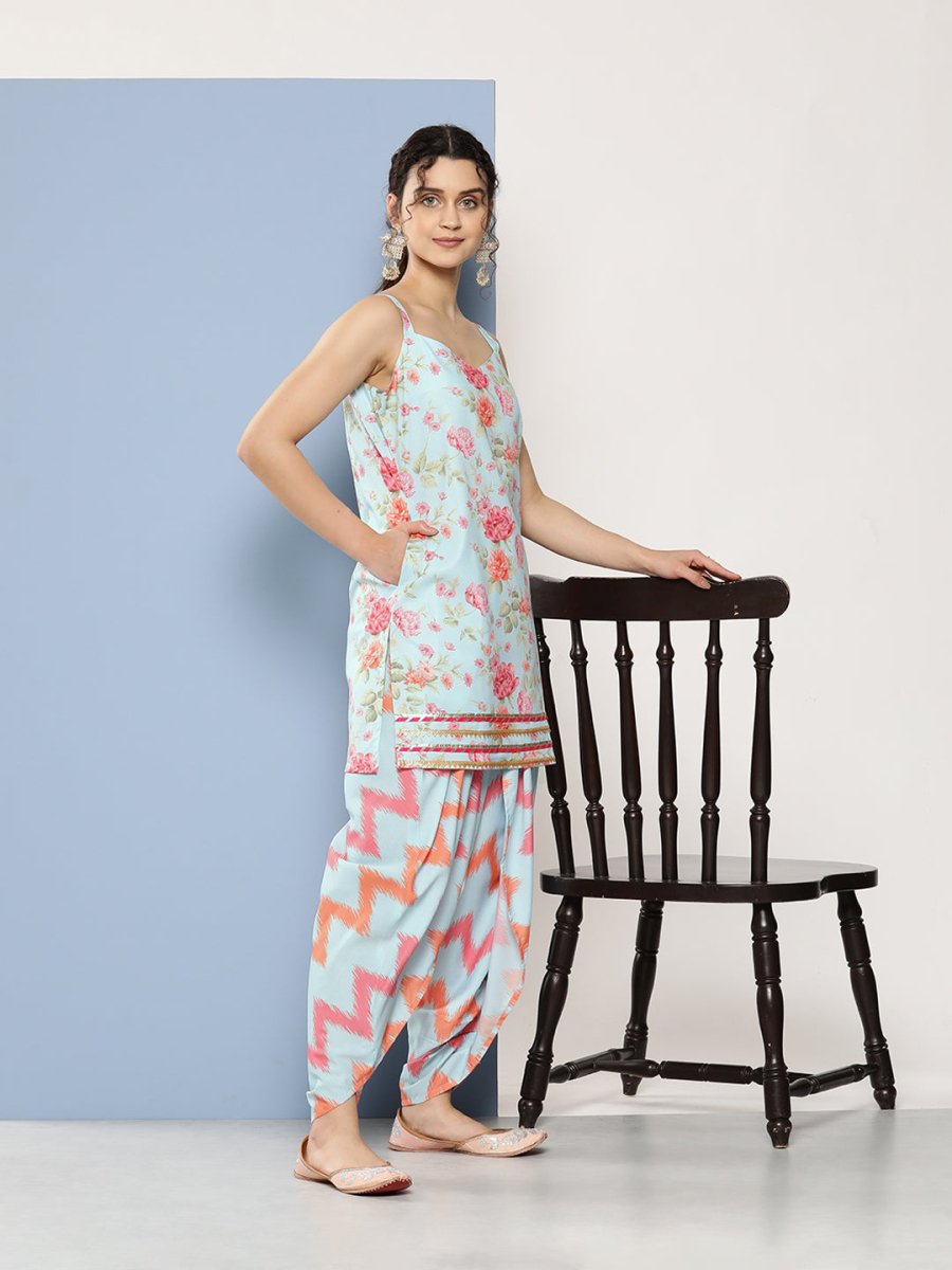 Ahalyaa Women Floral Printed Gotta Patti Kurti With Dhoti Pants & With Dupatta