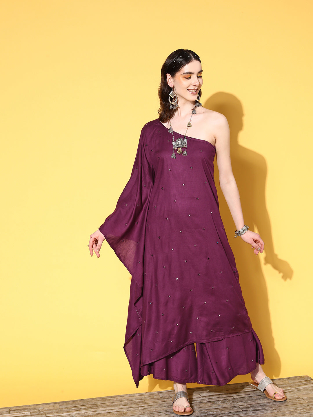 InWeave Women's Wine Mirror Work One Shoulder Kurta Set