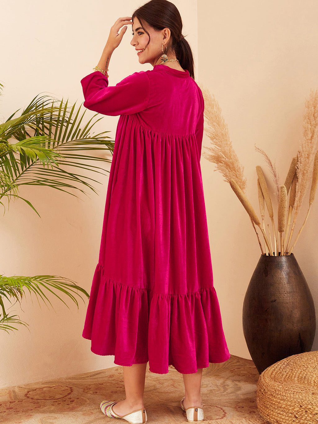 InWeave Women's Fuchsia Velvet Manderia V Neck Flared Dress