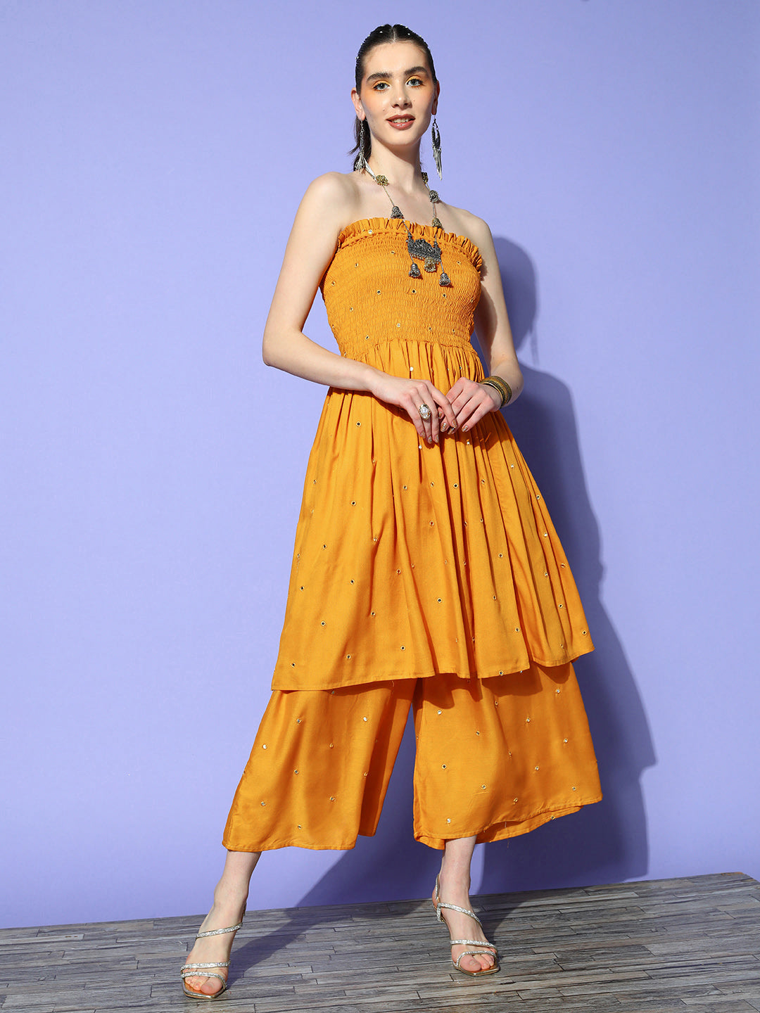 InWeave Women's Mustard Mirror Work Off Shoulder Kurta Set