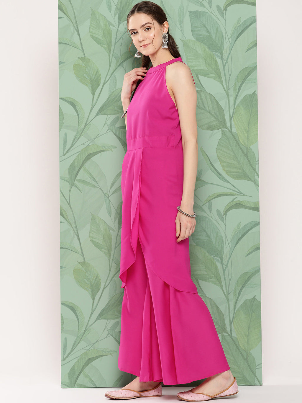 InWeave Women's Magenta Pleated Halter Kurta Palazzo Set W White Pink Or Dupatta