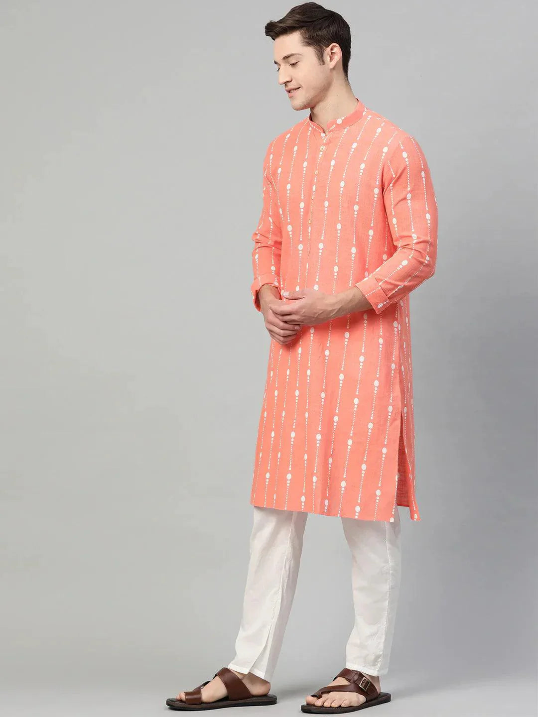 Fabmade Peach & White Printed Straight Kurta Pyjama