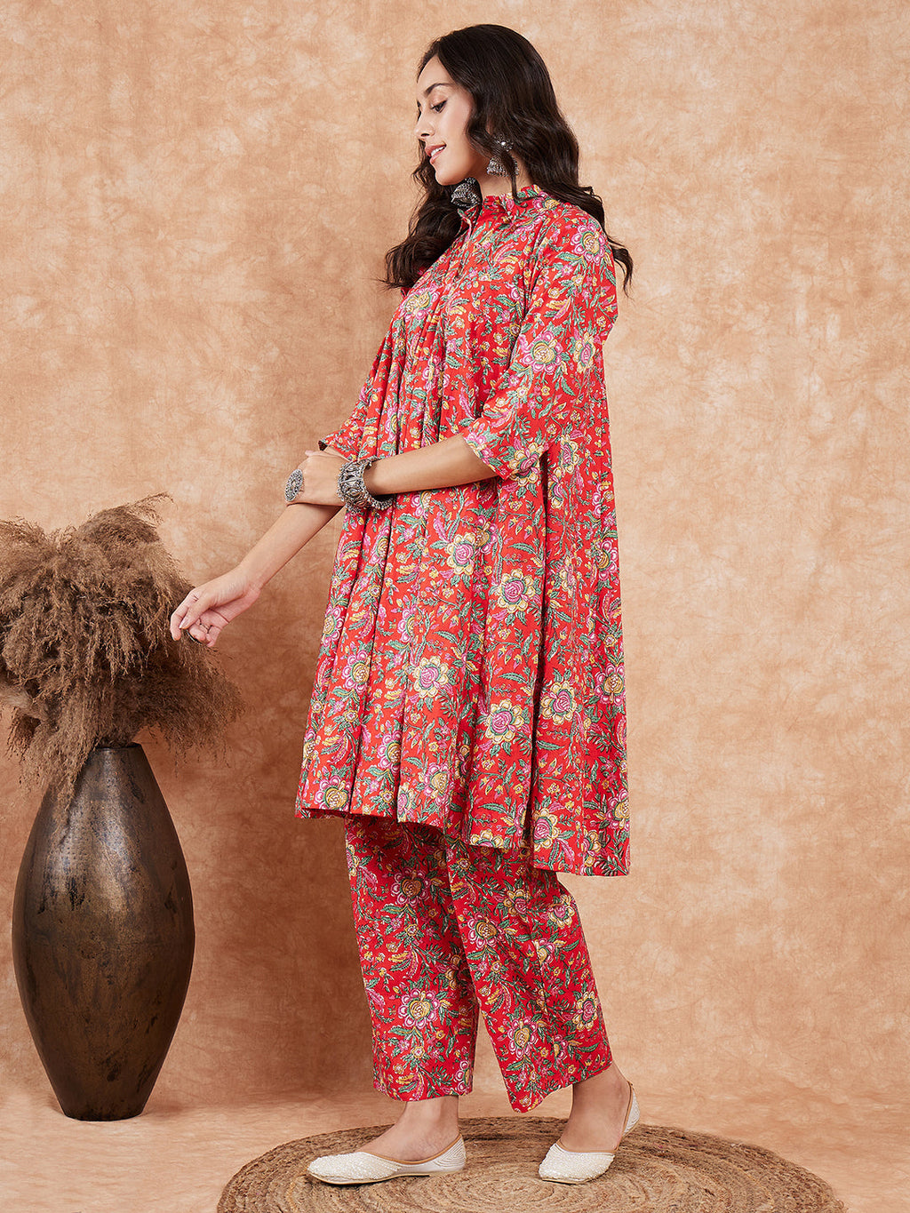 InWeave Women's Red Yellow Floral Print Flared Kurta Pant Set