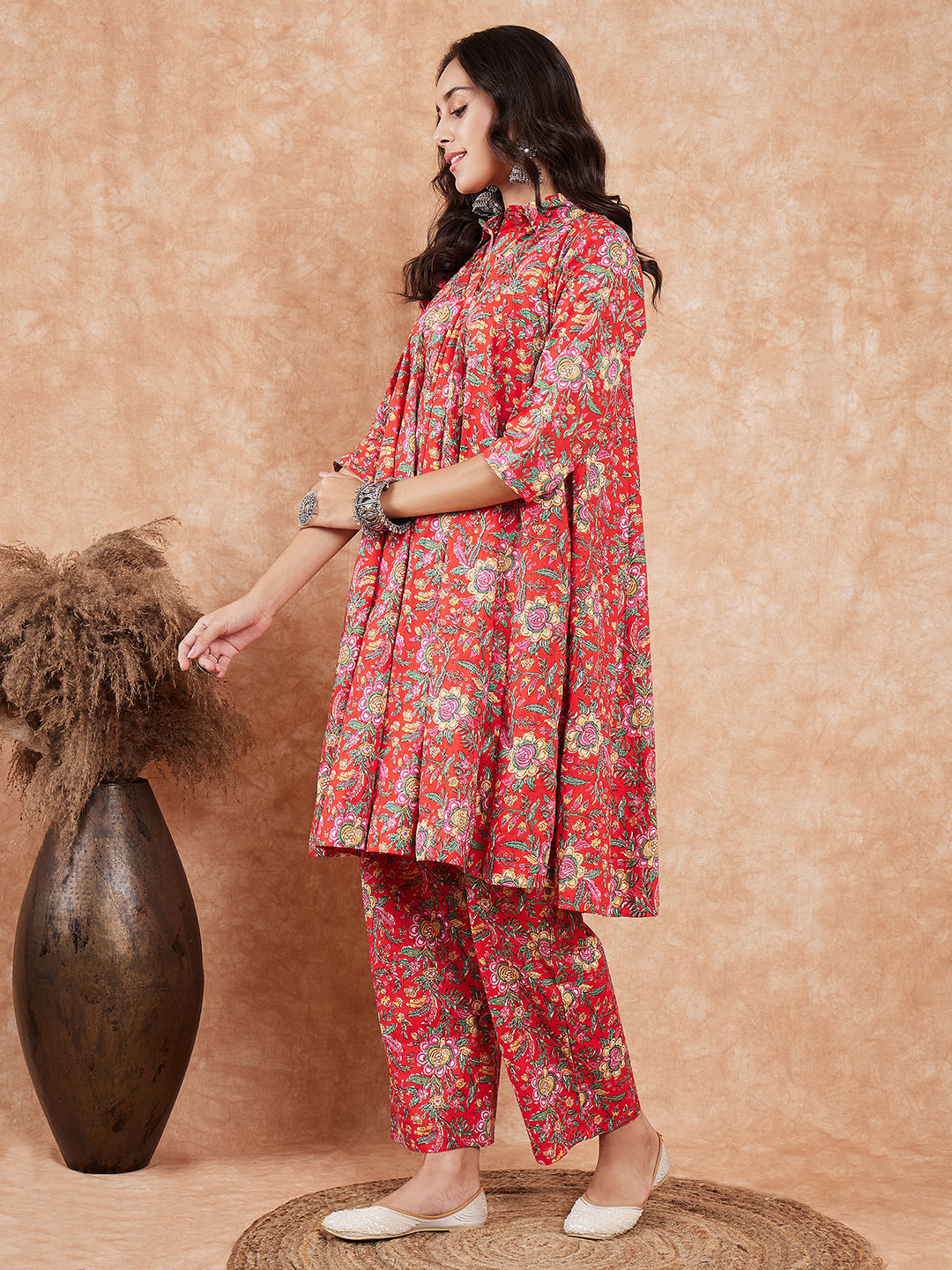 InWeave Women's Red Yellow Floral Print Flared Kurta Pant Set