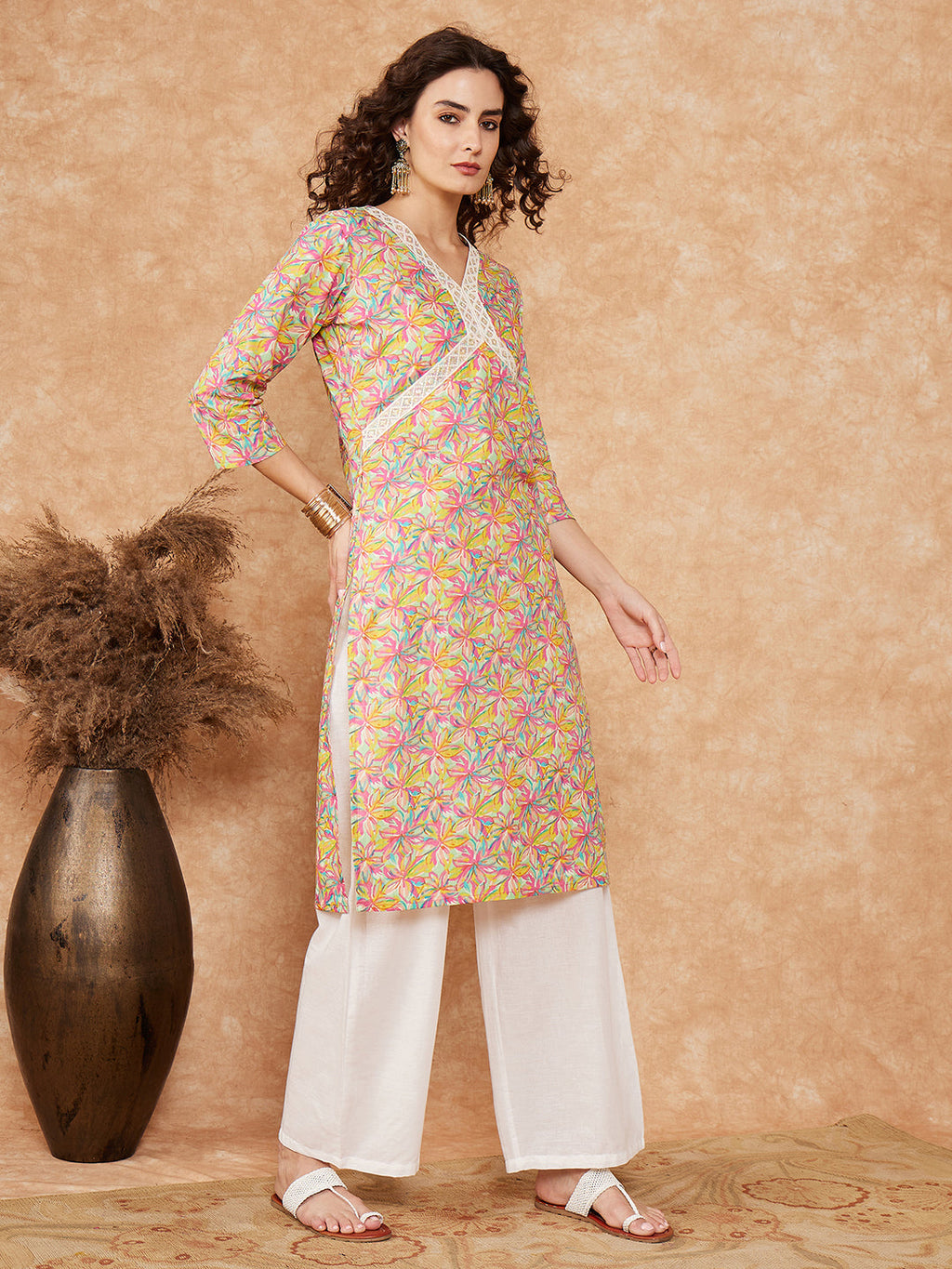 InWeave Women's Multi Floral Painted Alia Lace Work Straight Kurta
