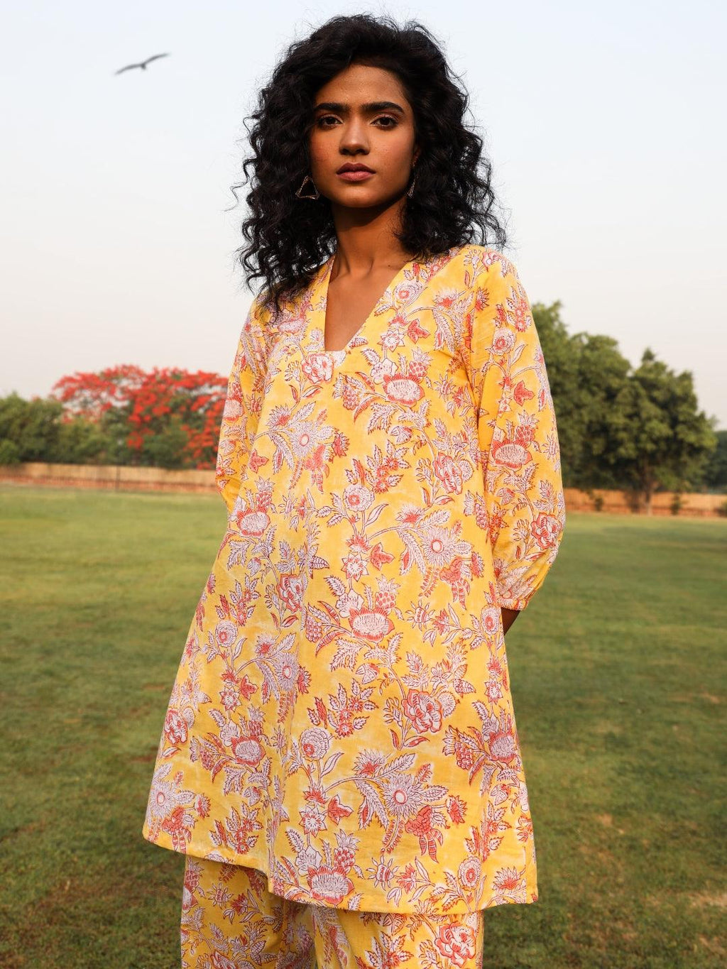 trueBrowns Yellow Cotton Block Print V-Square Neck Co-Ord Set