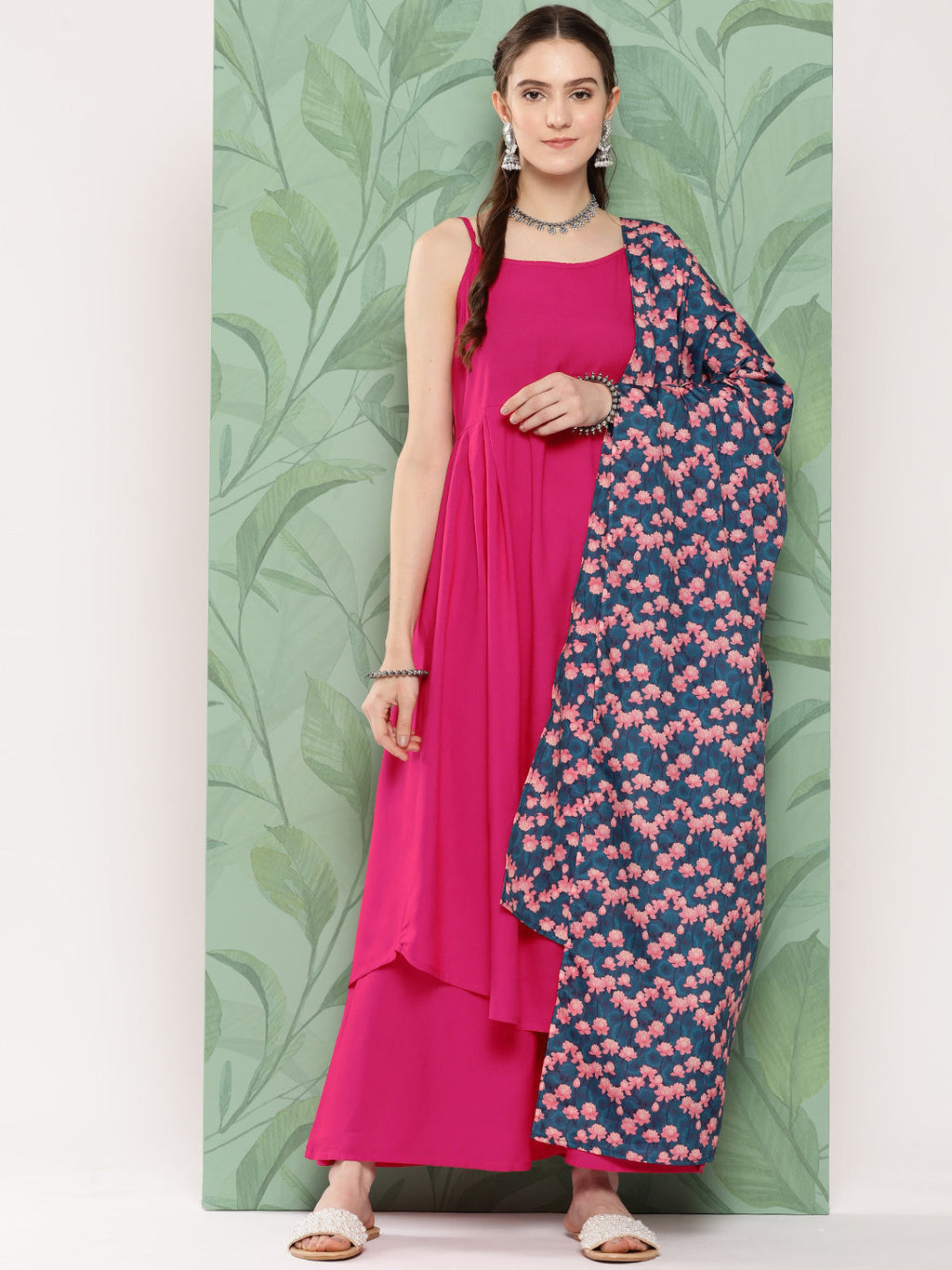 InWeave Women's Fuchsia Strappy Set W Navy Pink Lotus Cr Duptta