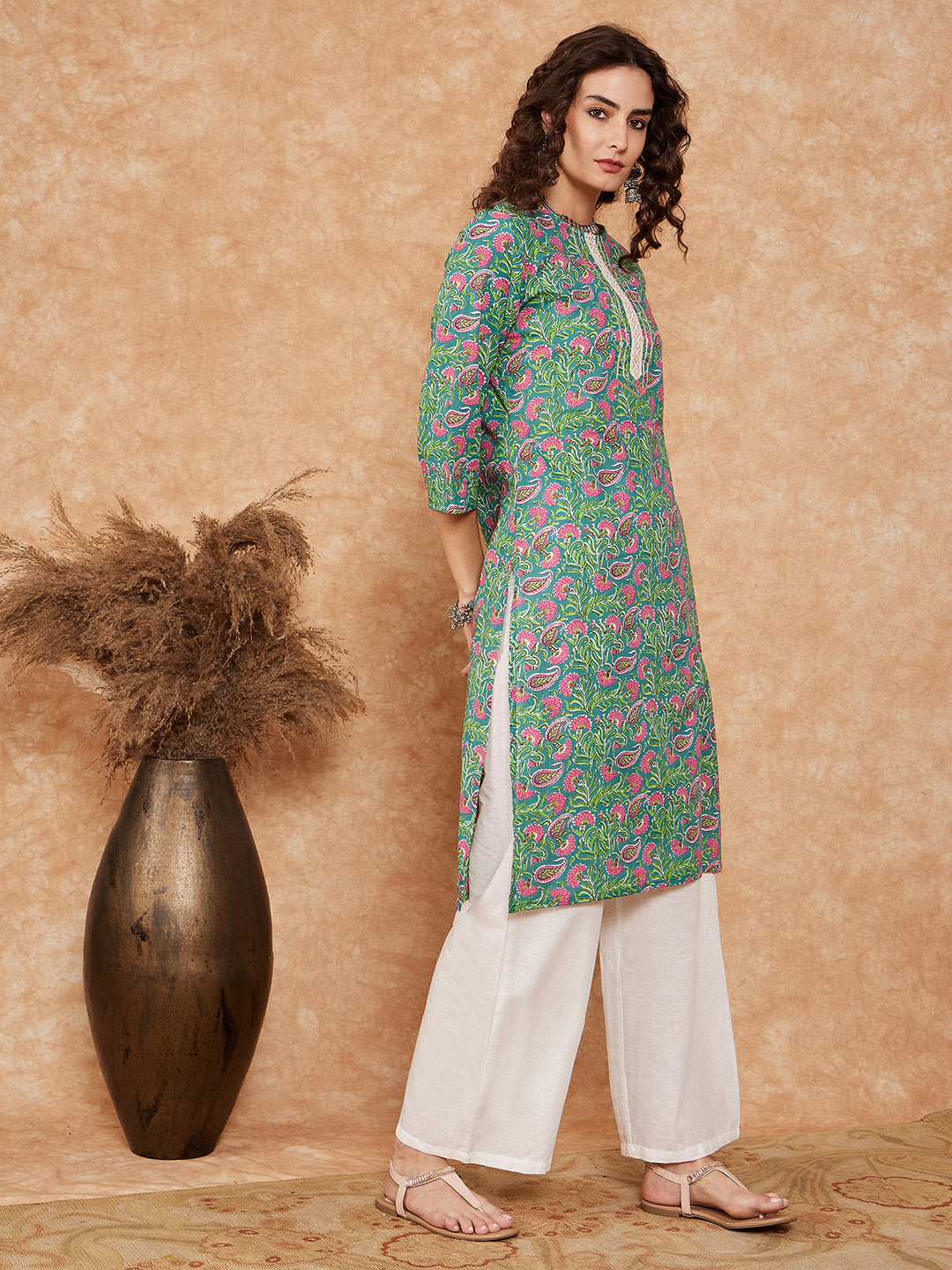 InWeave Women's Sea Green Pink Lace Gota Work Straight Kurta
