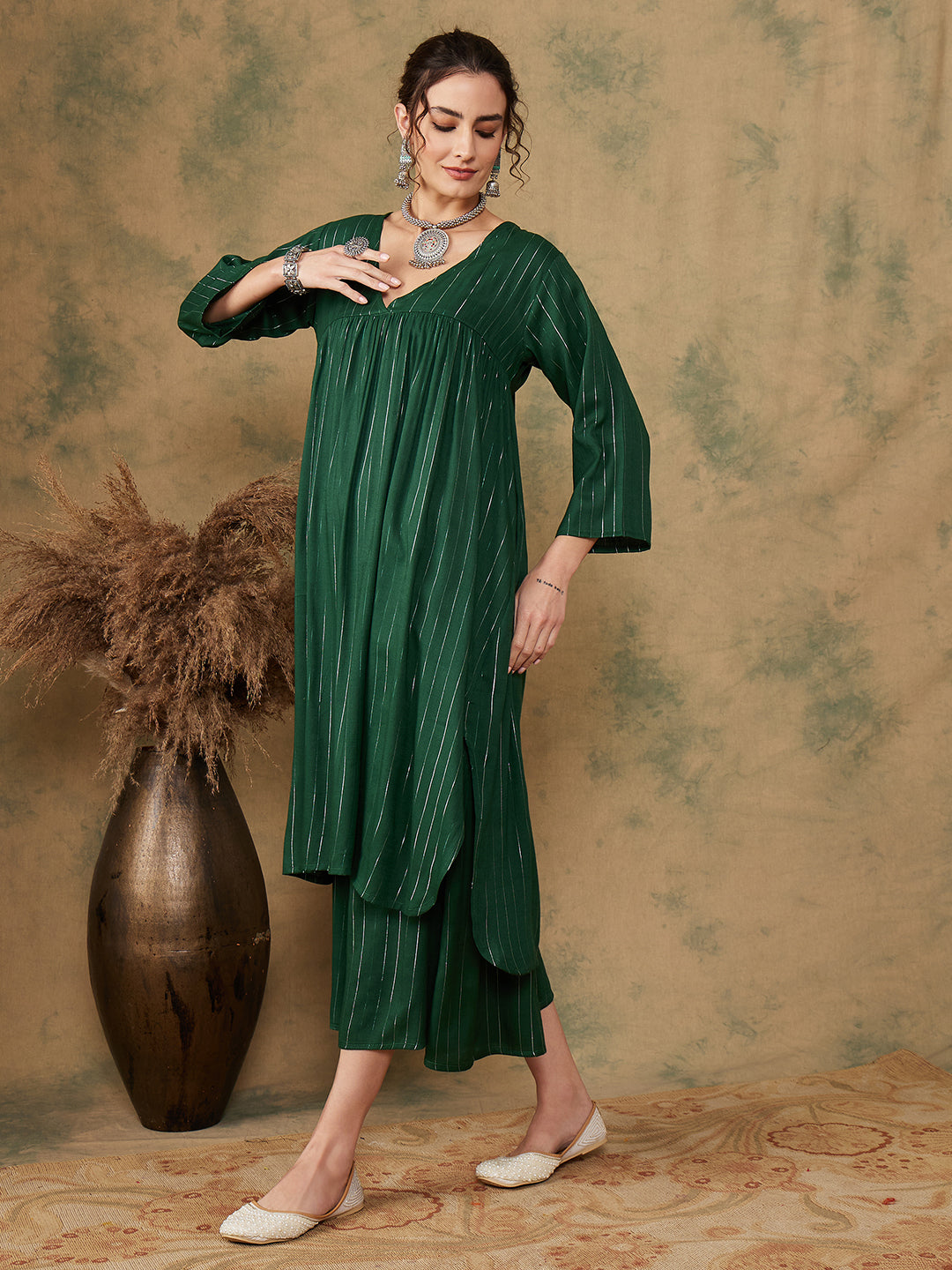 InWeave Women's Pine Green Lurex Flared V Neck Kurta Palazzo Set