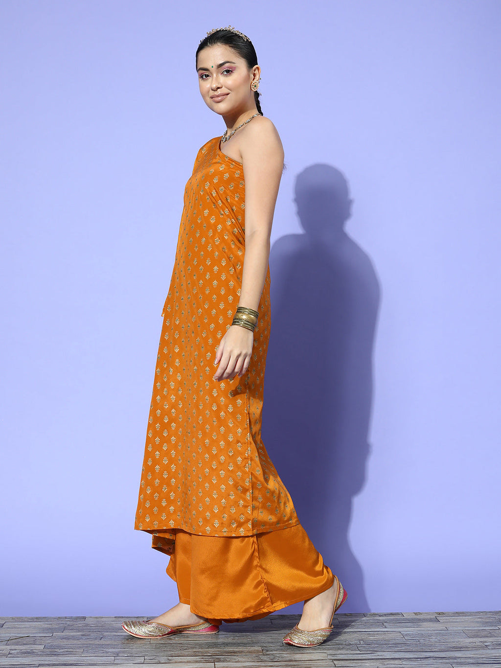 InWeave Women's Mustard Gold Print One Shoulder Kurta Set