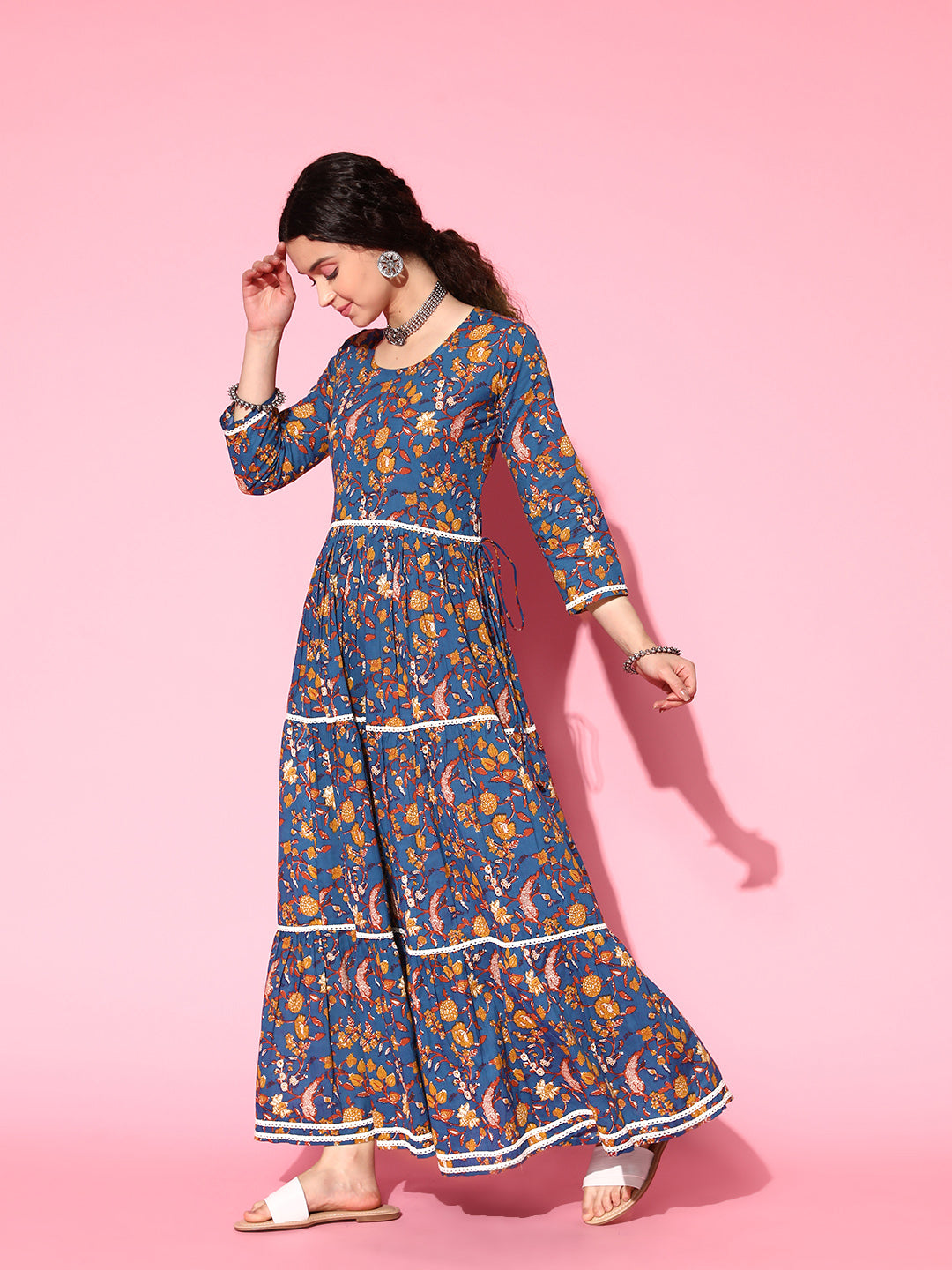 InWeave Women's Blue Floral Print Dress With Lace