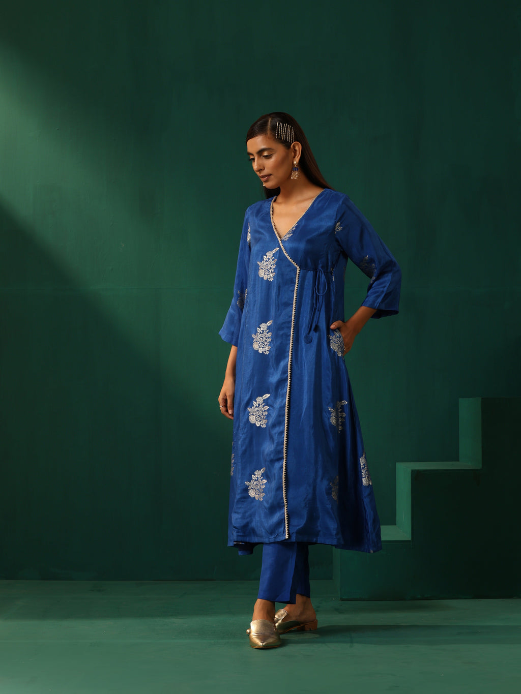 trueBrowns Royal Blue Floral Viscose Silk Angrakha Kurta Pant Set