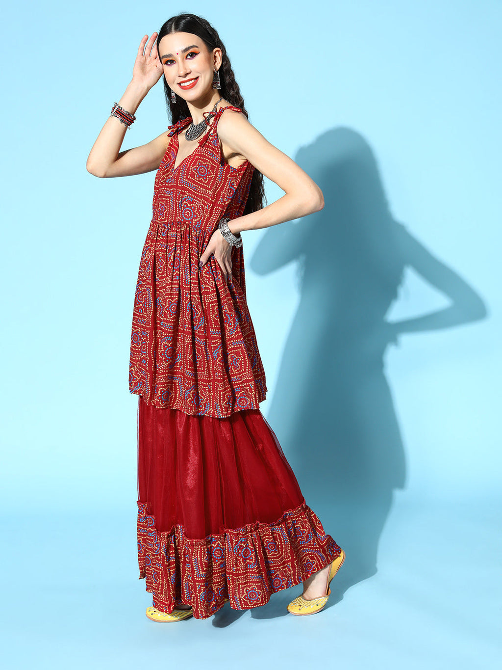 InWeave Women's Maroon Bandhani Net Sharara Set With Dupatta