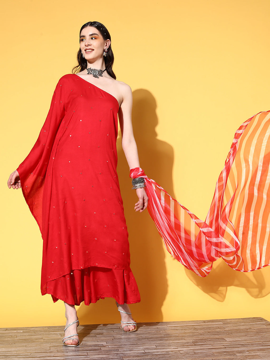 InWeave Women's Red Mirror Work One Shoulder Kurta Set With Dupatta